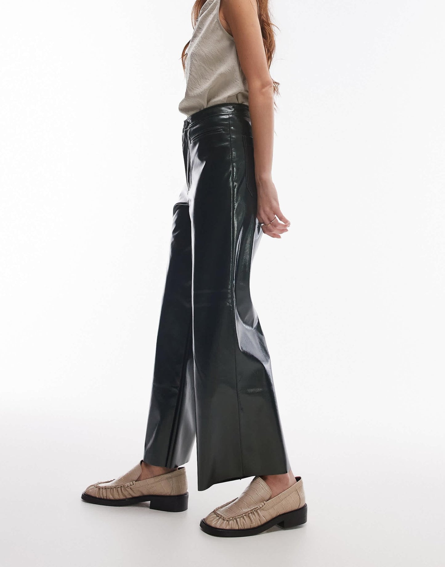 Topshop awkward length vinyl trouser in khaki - ASOS Sample Sale