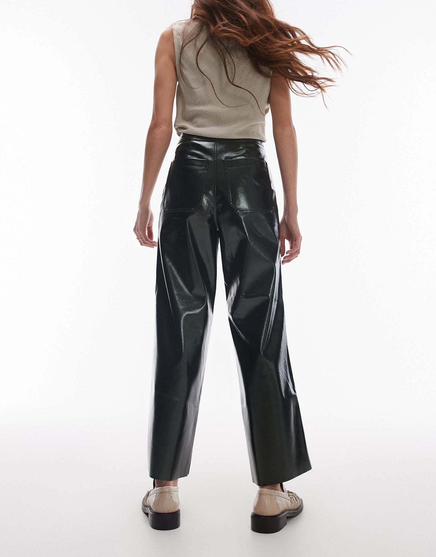 Topshop awkward length vinyl trouser in khaki - ASOS Sample Sale