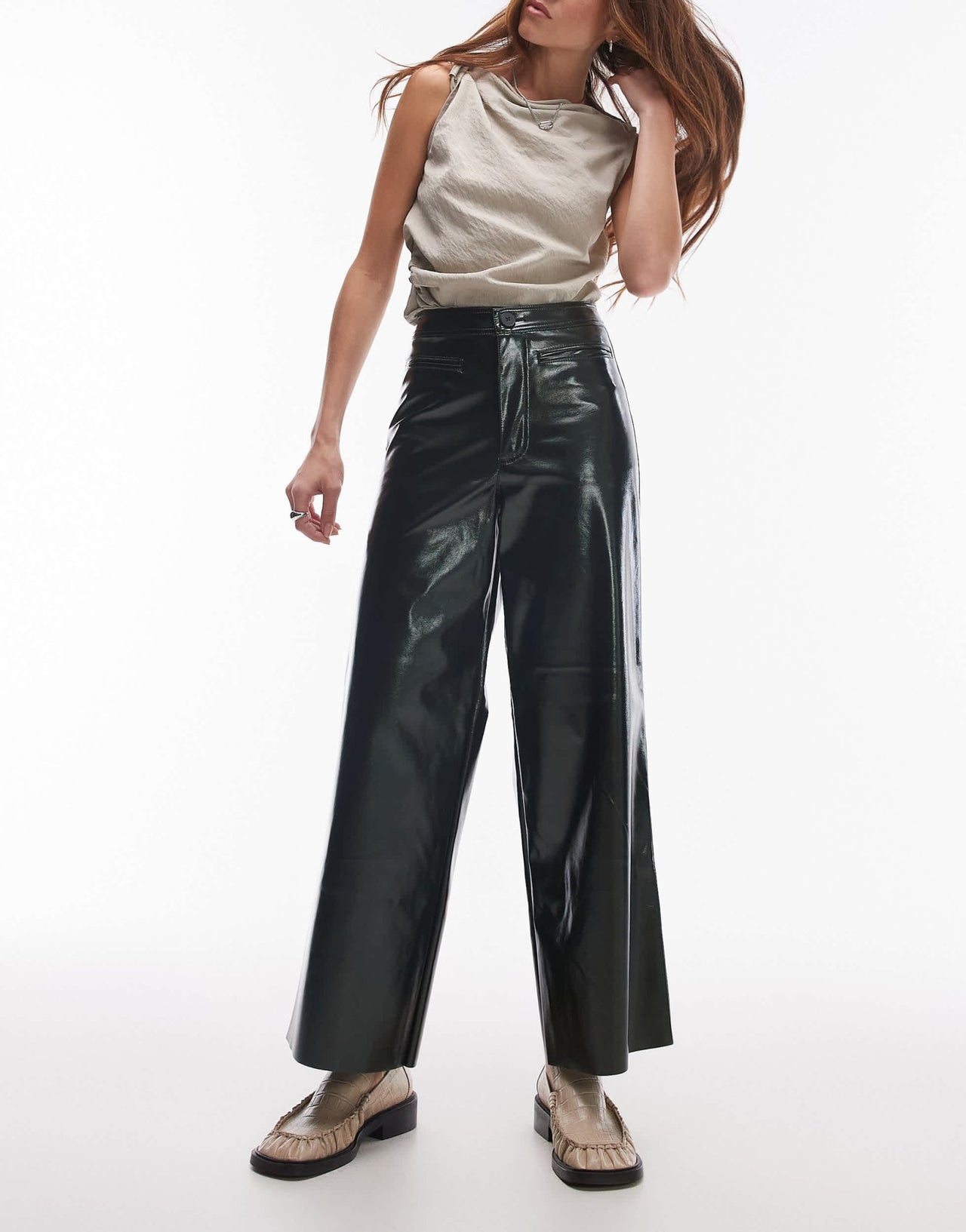 Topshop awkward length vinyl trouser in khaki - ASOS Sample Sale