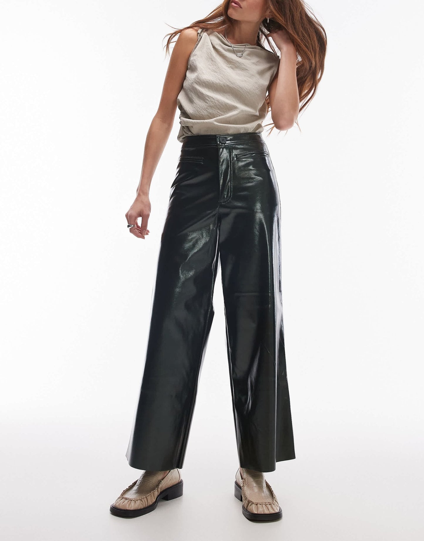Topshop awkward length vinyl trouser in khaki - ASOS Sample Sale