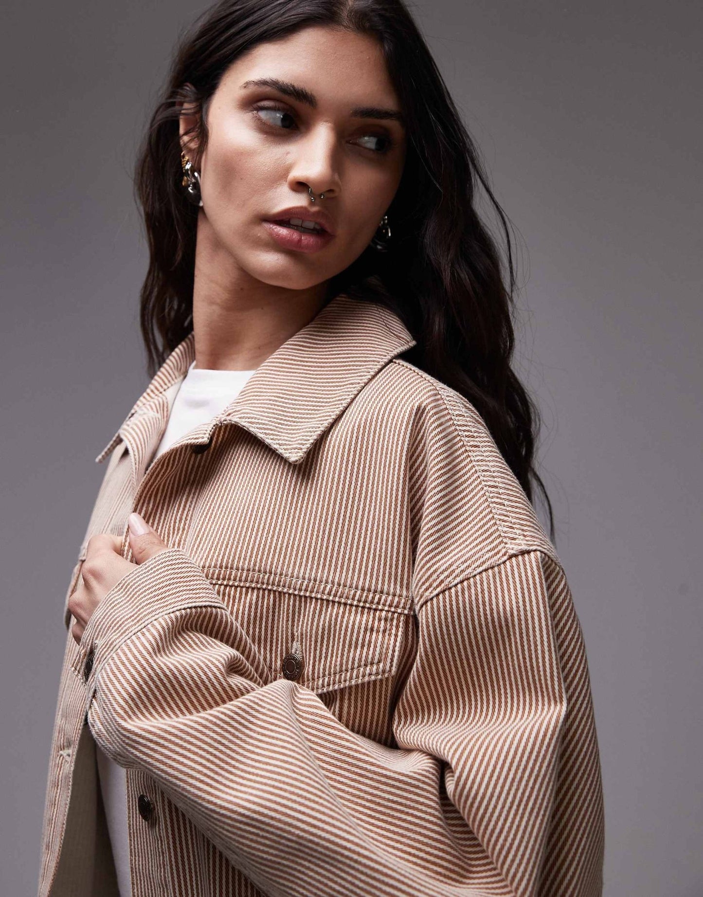 Topshop Balloon denim jacket in tan stripe - ASOS Sample Sale