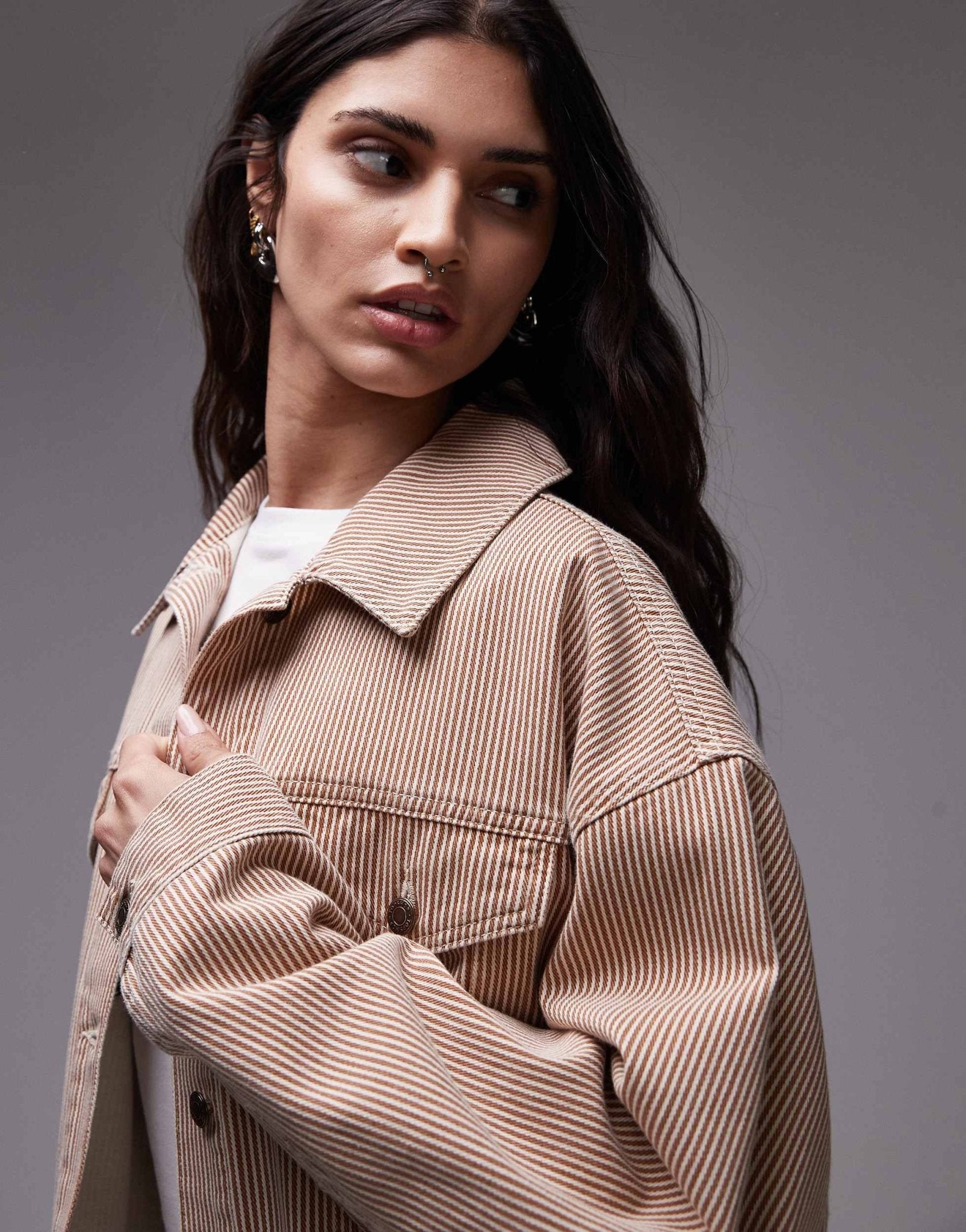 Topshop Balloon denim jacket in tan stripe - ASOS Sample Sale