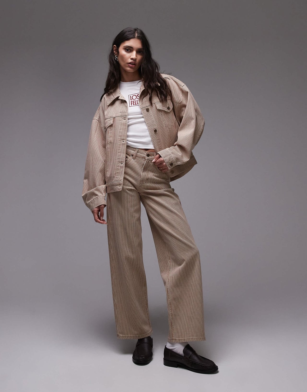 Topshop Balloon denim jacket in tan stripe - ASOS Sample Sale