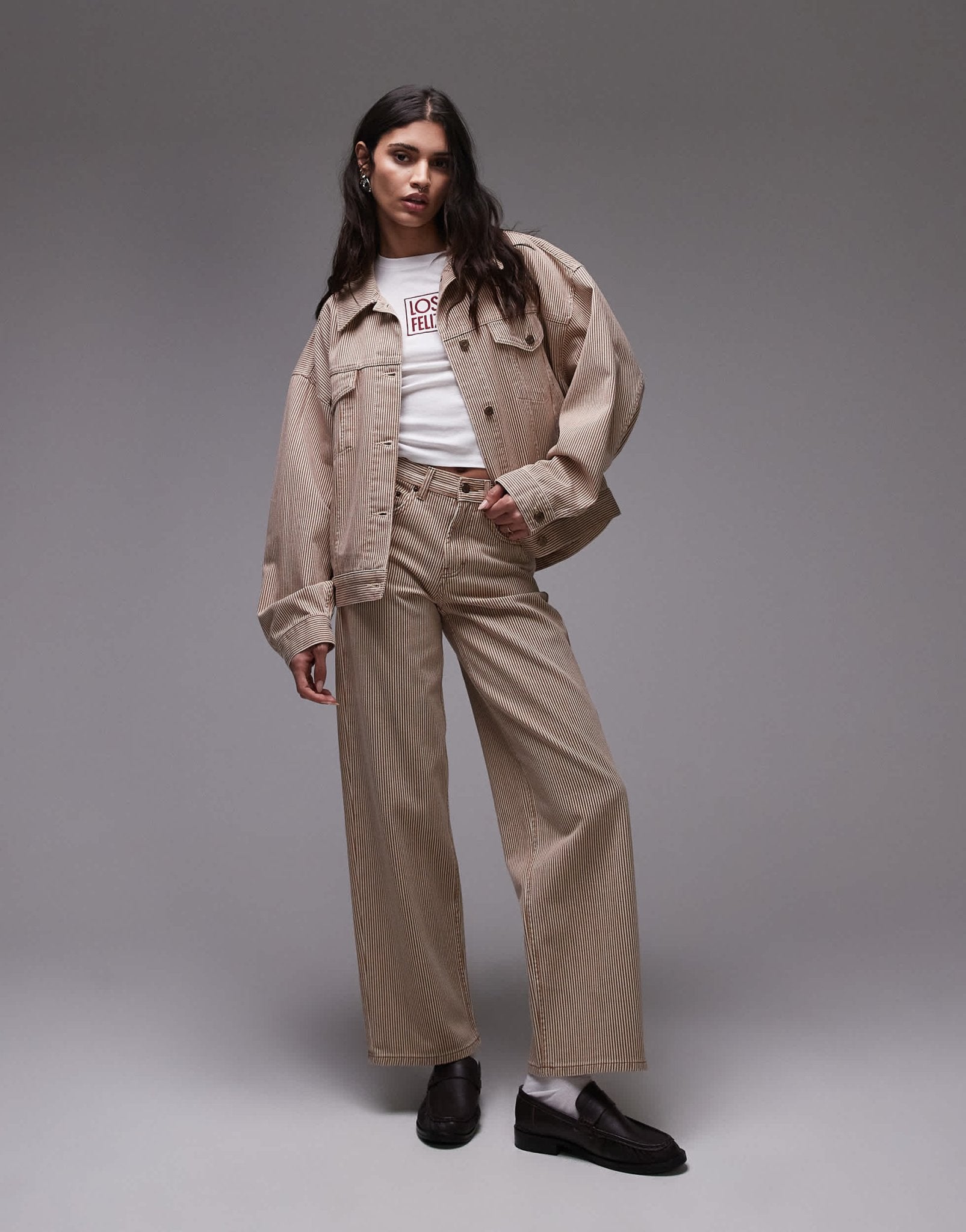 Topshop Balloon denim jacket in tan stripe - ASOS Sample Sale