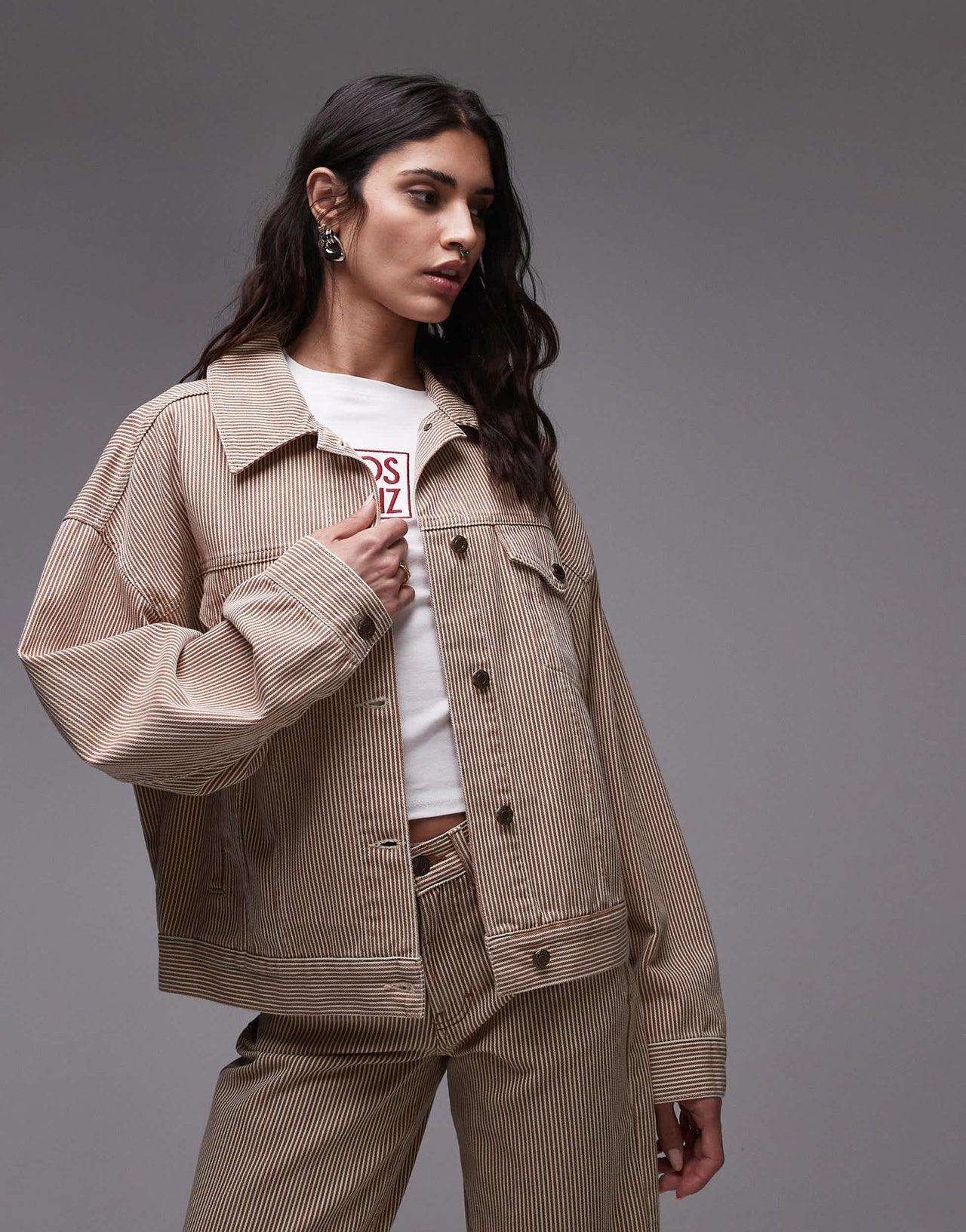 Topshop Balloon denim jacket in tan stripe - ASOS Sample Sale