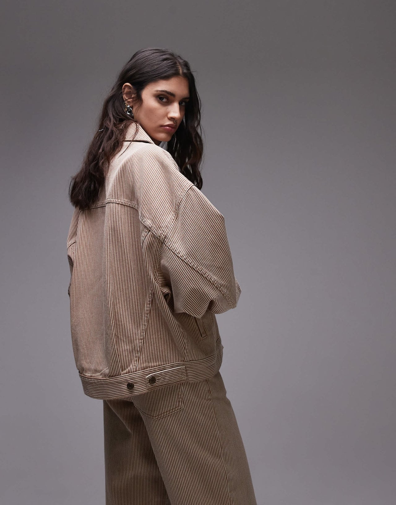 Topshop Balloon denim jacket in tan stripe - ASOS Sample Sale