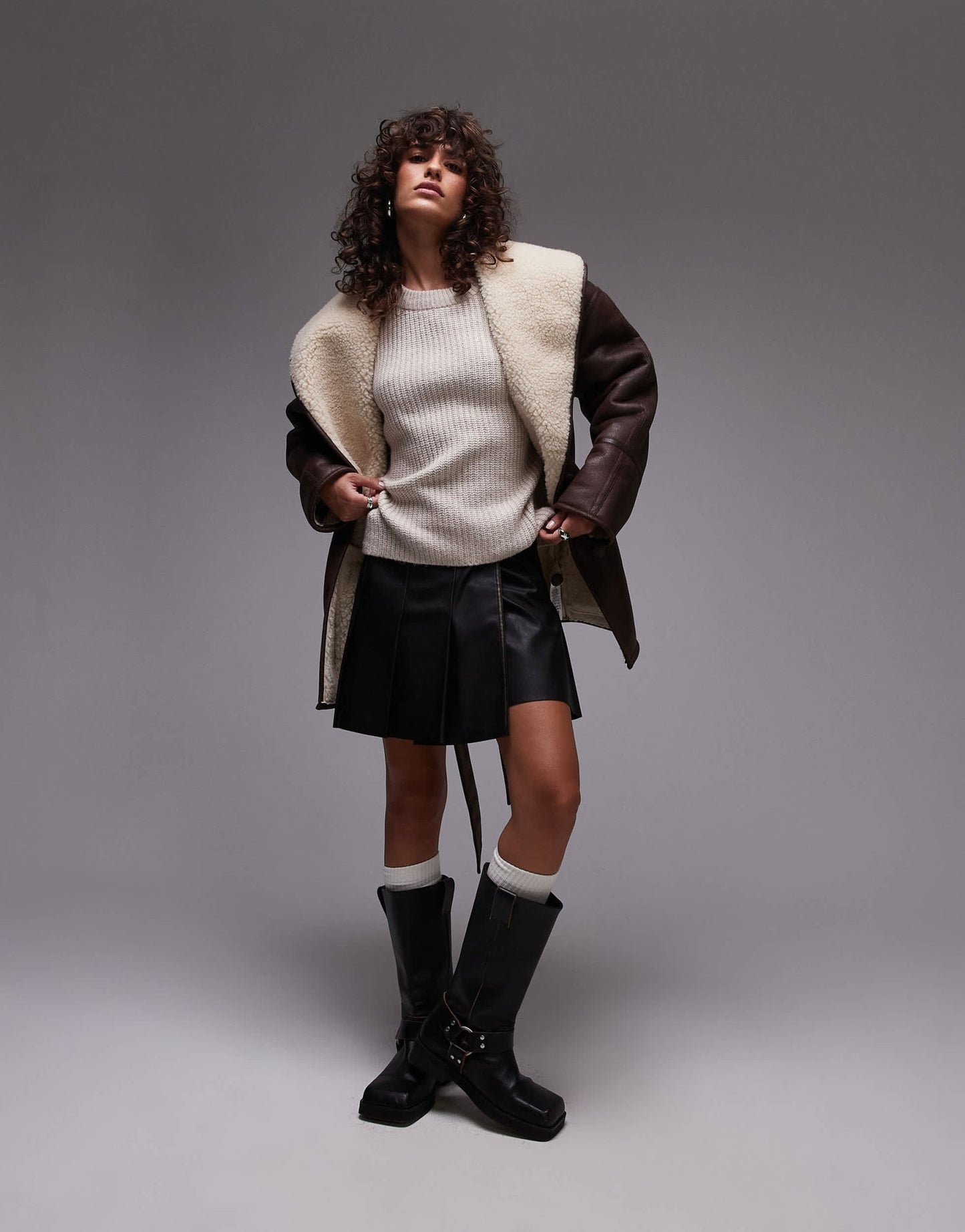 Topshop belted faux suede jacket in brown and cream - ASOS Sample Sale