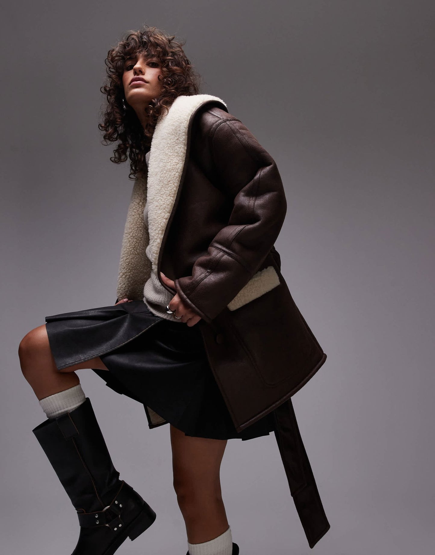 Topshop belted faux suede jacket in brown and cream - ASOS Sample Sale