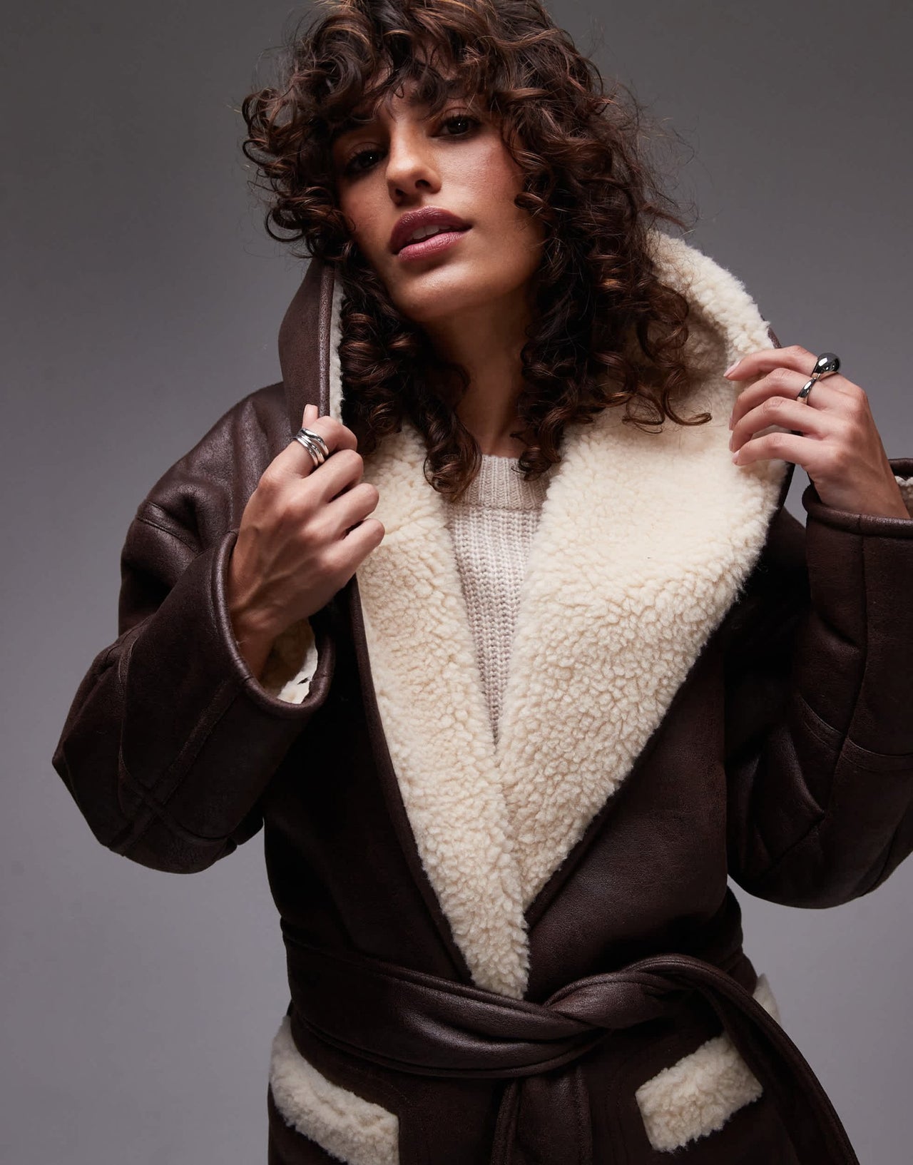 Topshop belted faux suede jacket in brown and cream - ASOS Sample Sale