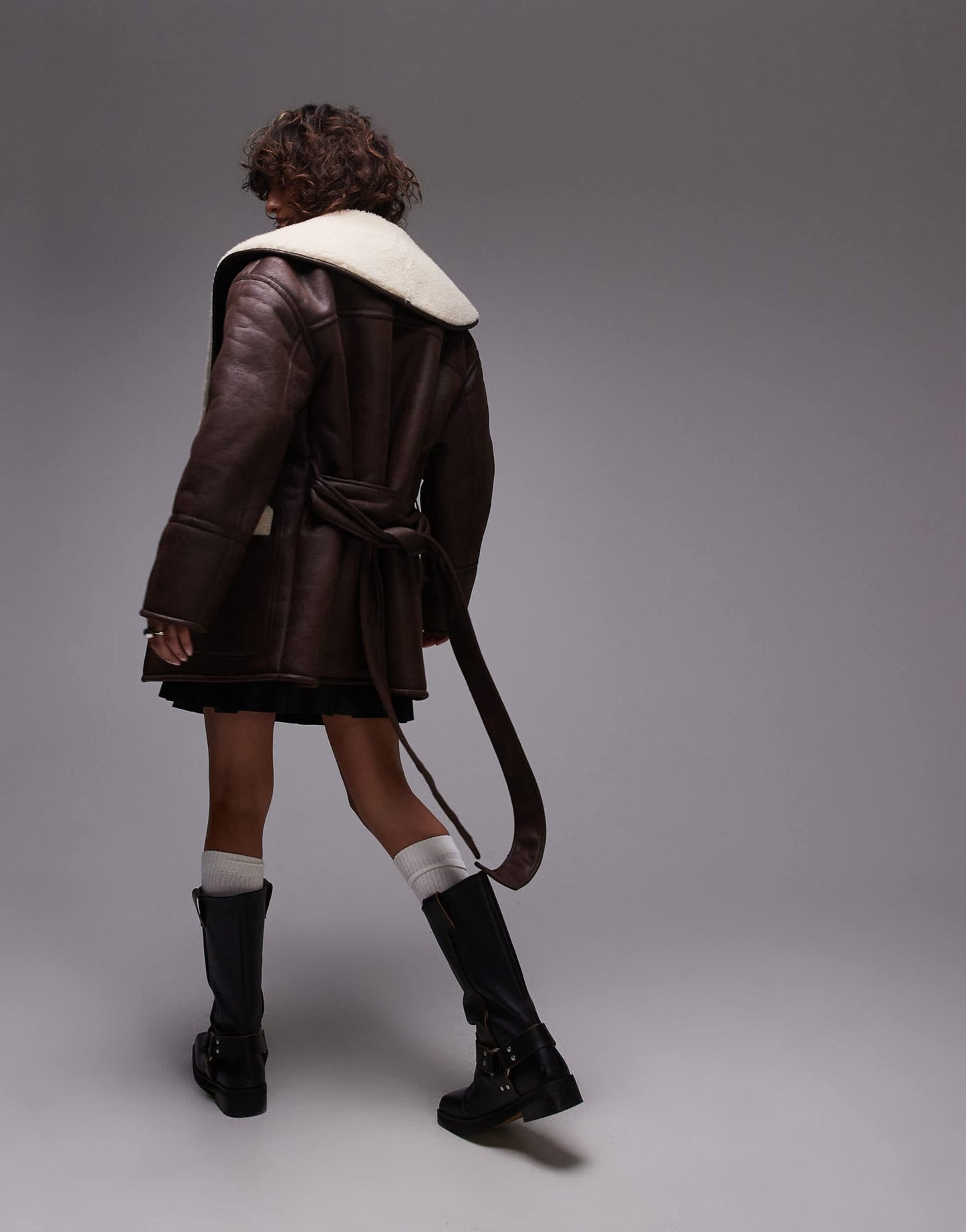 Topshop belted faux suede jacket in brown and cream - ASOS Sample Sale