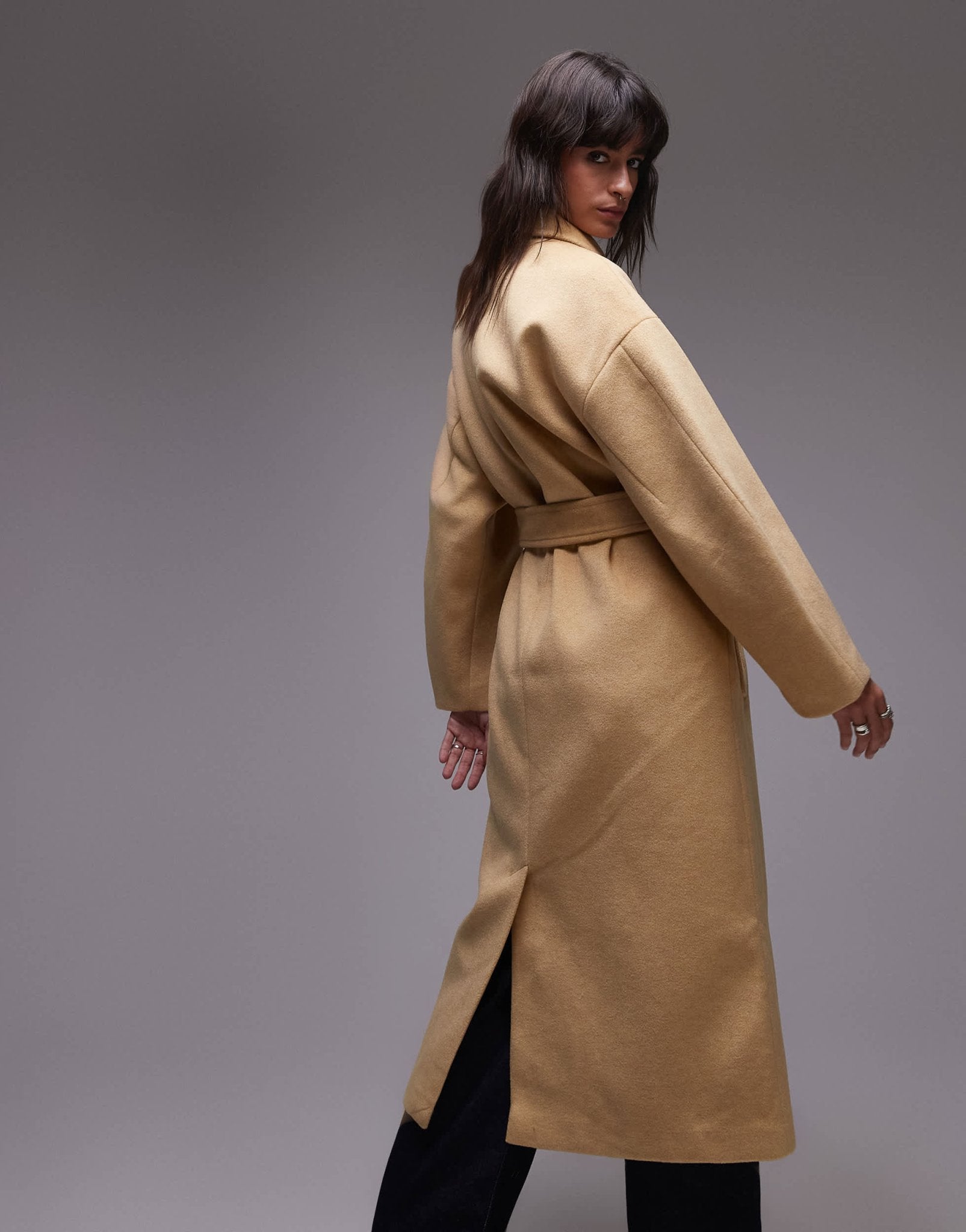 Topshop belted long line formal coat in buttermilk - ASOS Sample Sale