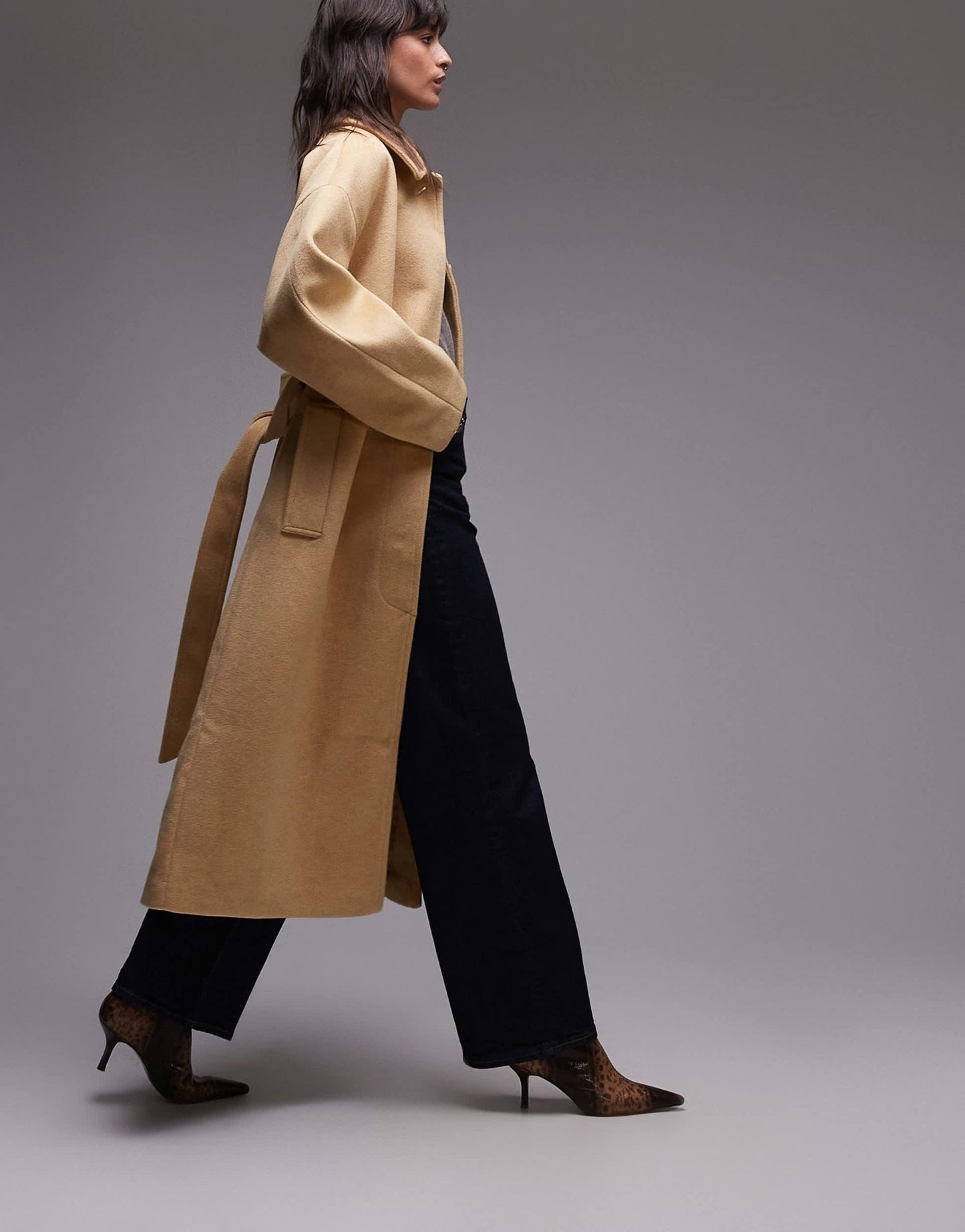 Topshop belted long line formal coat in buttermilk - ASOS Sample Sale