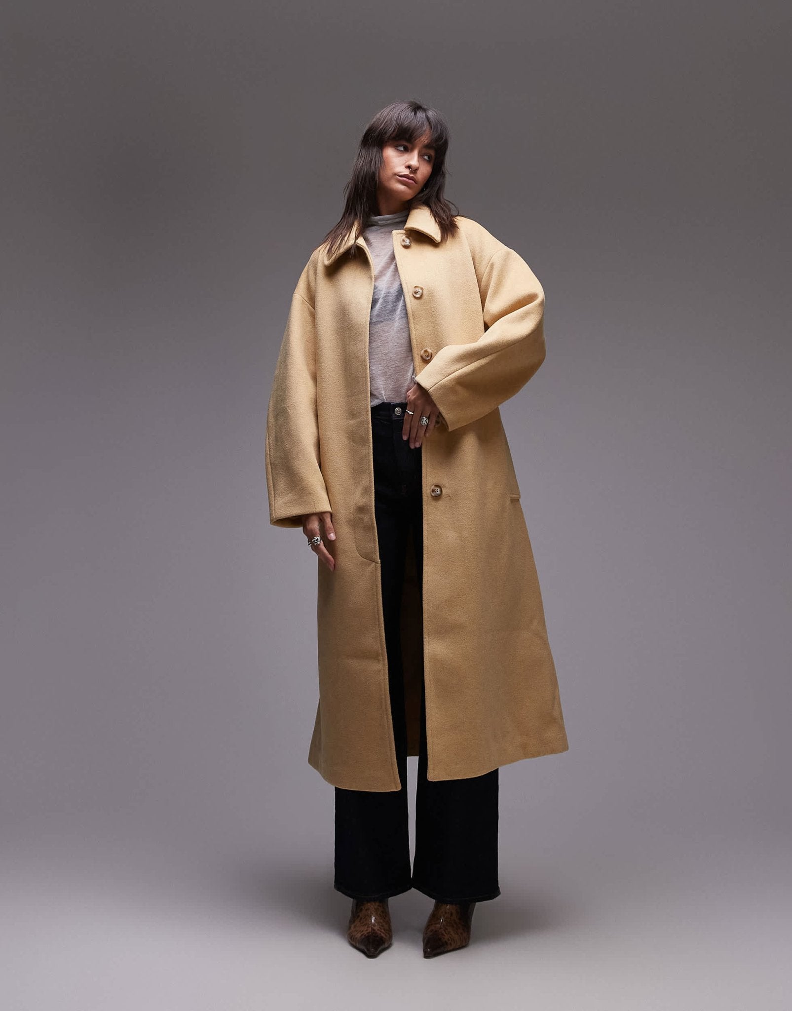 Topshop belted long line formal coat in buttermilk - ASOS Sample Sale