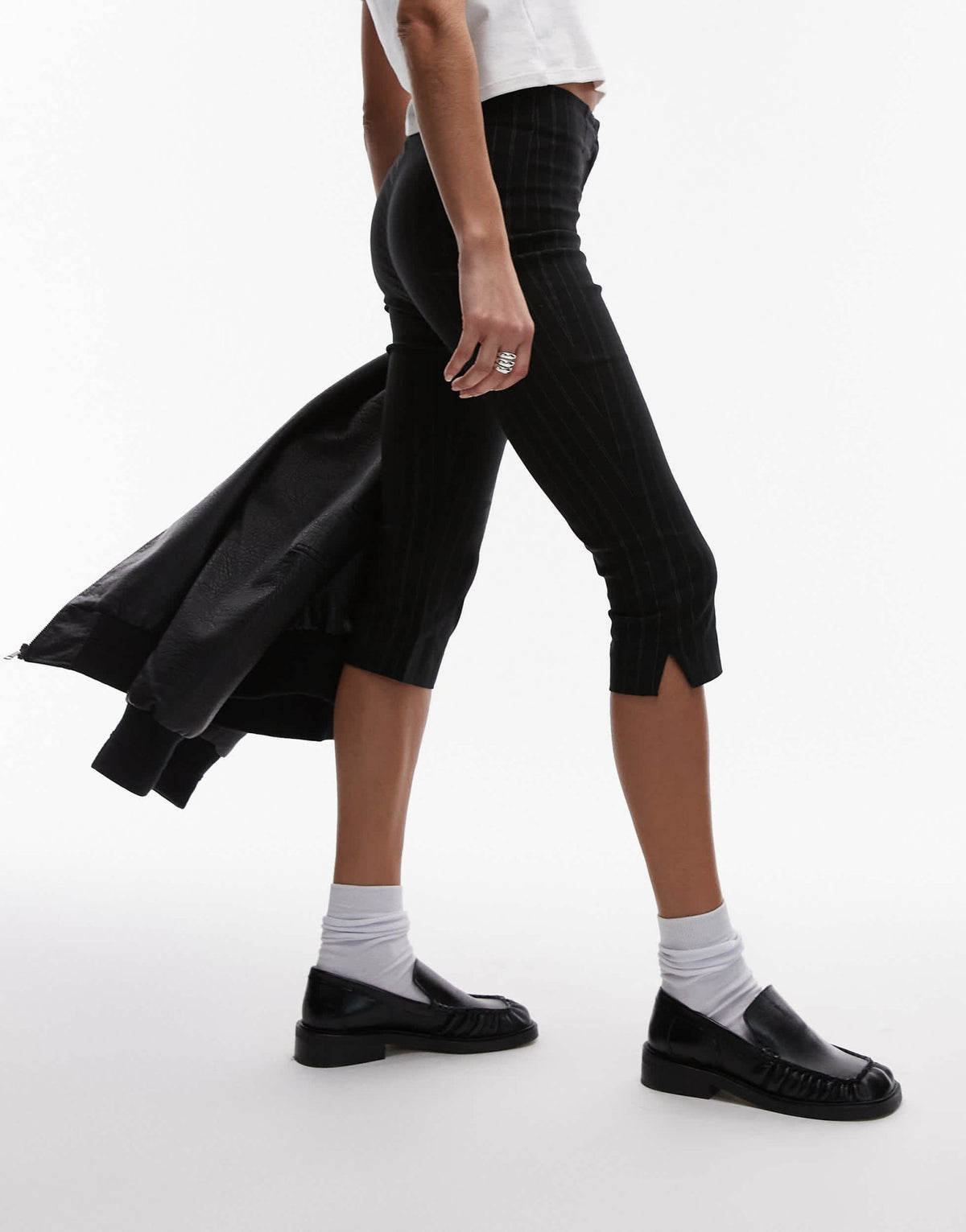 Topshop bengaline pinstripe capri trouser in black - ASOS Sample Sale
