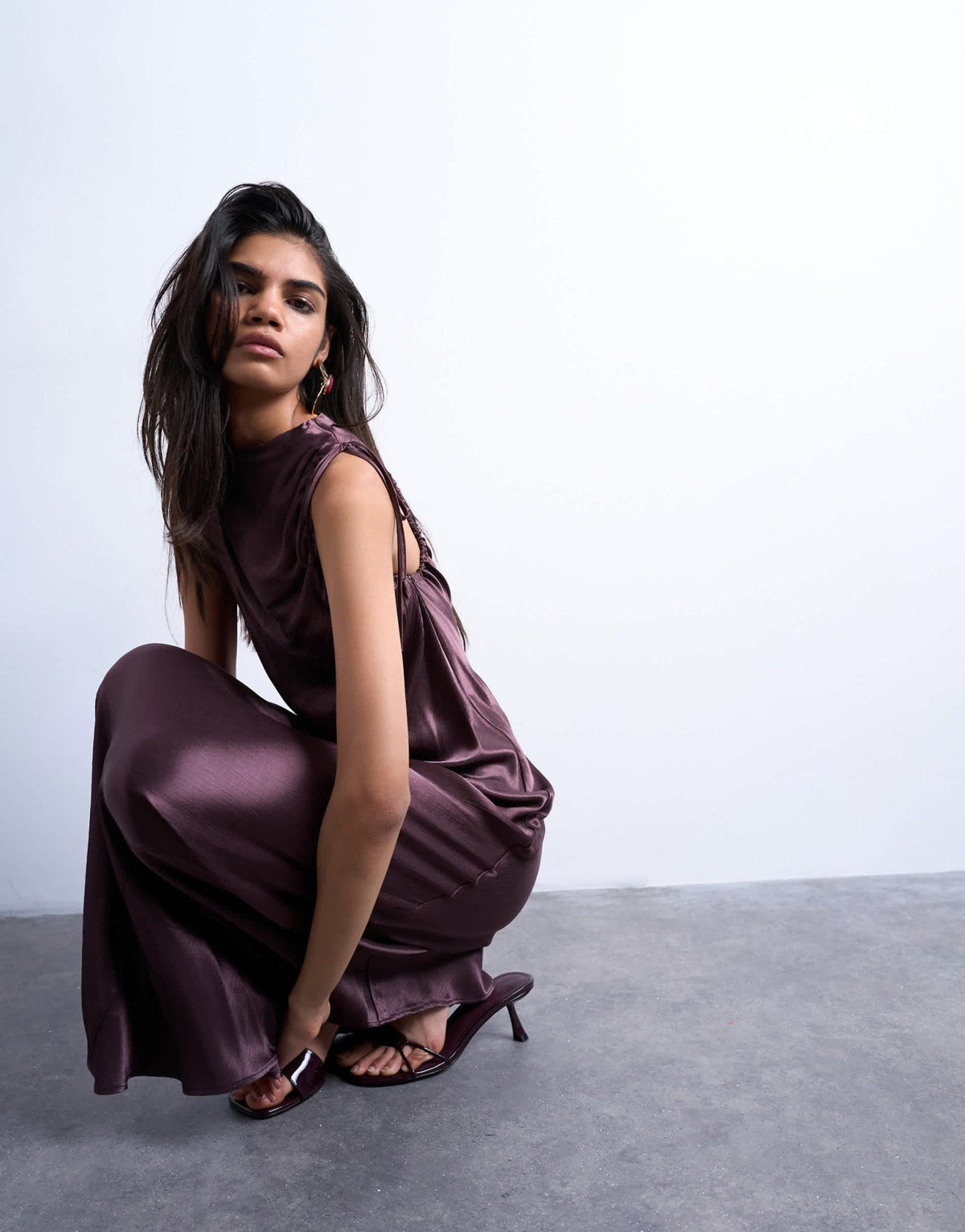 Topshop bias ruched arm hole maxi occasion dress in deep burgundy - ASOS Sample Sale