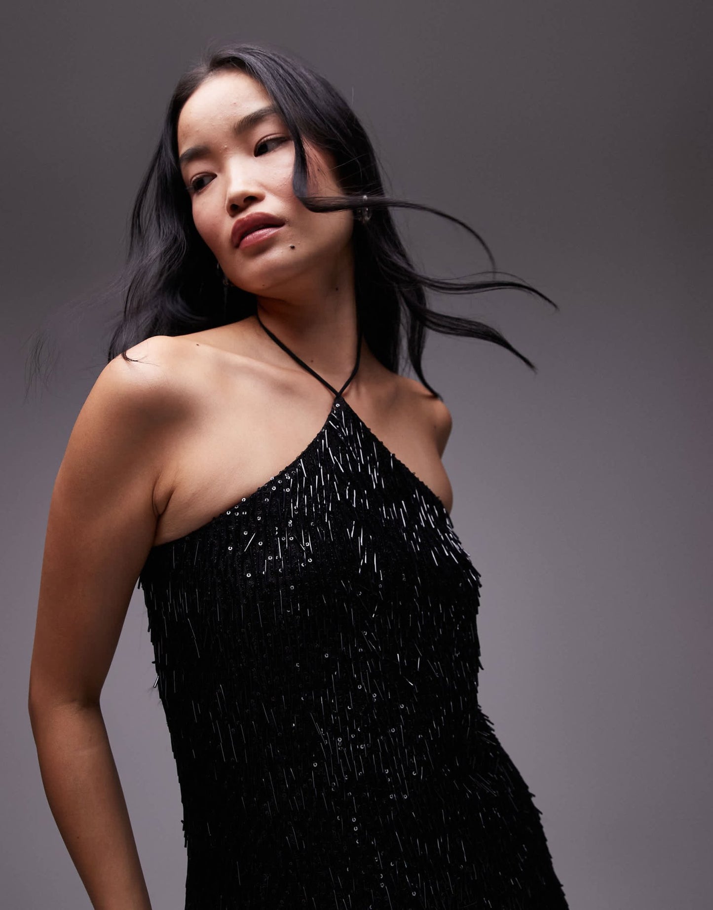 Topshop black needle sequin halter mini dress - ASOS Sample Sale