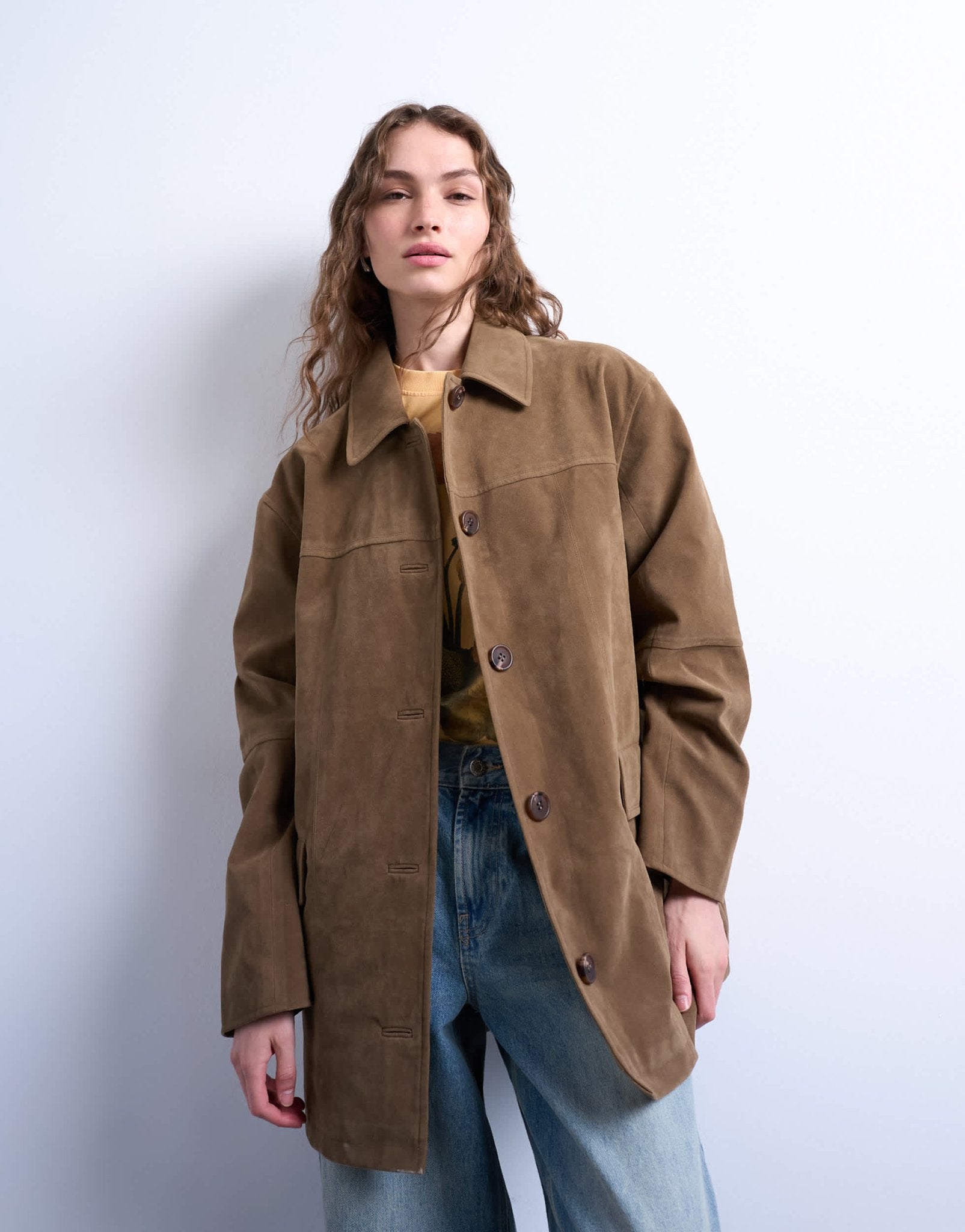 Topshop boxy mid length high break faux suede jacket in brown - ASOS Sample Sale