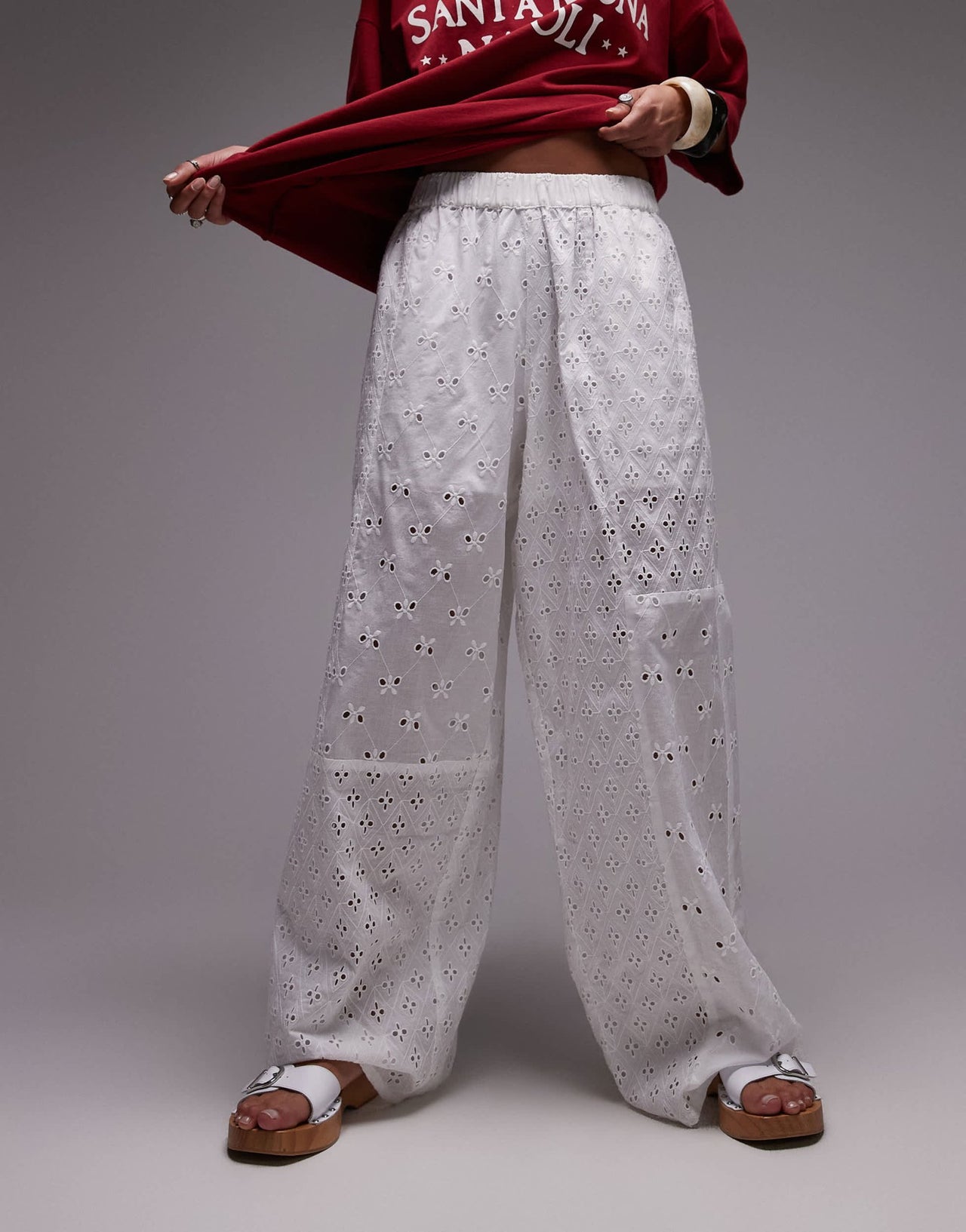 Topshop broderie straight leg trouser in white - ASOS Sample Sale