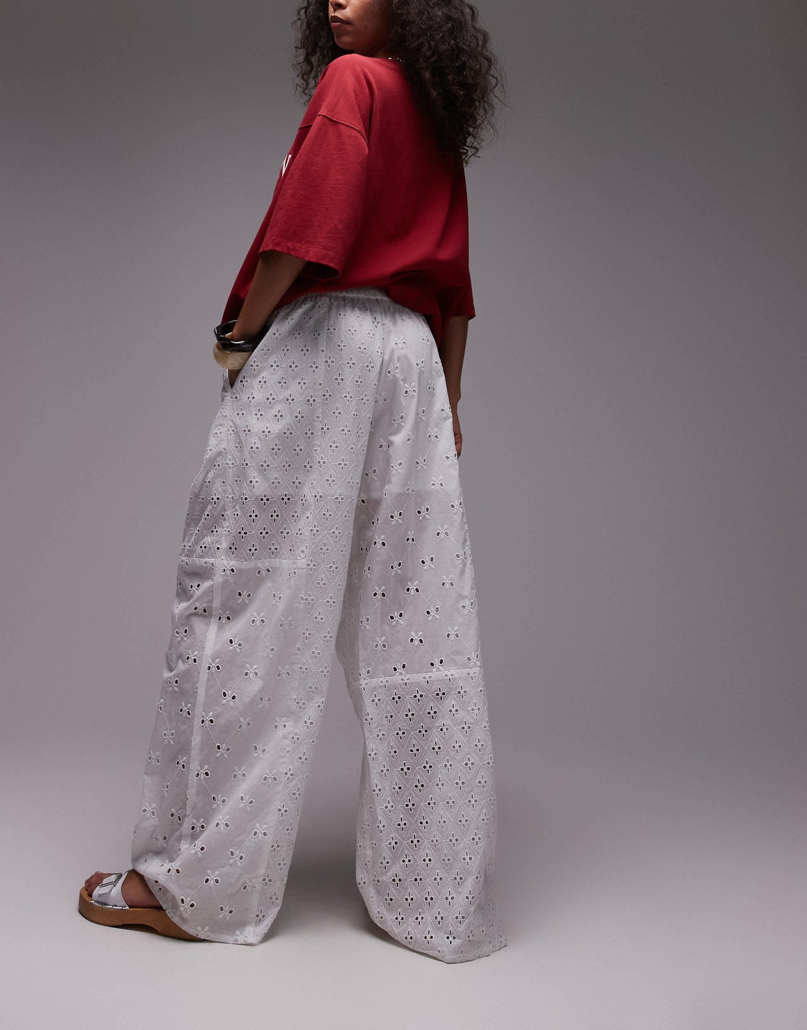 Topshop broderie straight leg trouser in white - ASOS Sample Sale