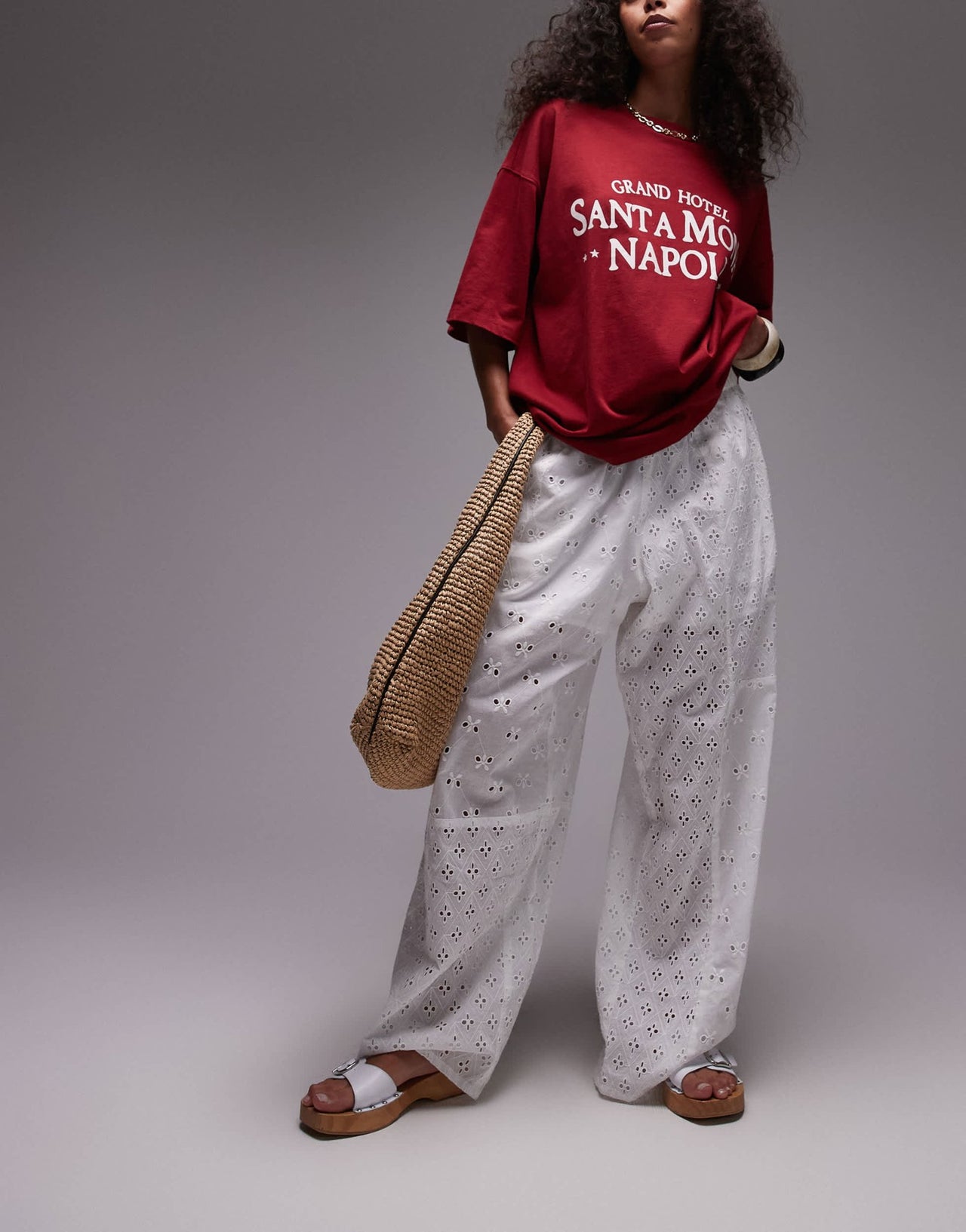 Topshop broderie straight leg trouser in white - ASOS Sample Sale