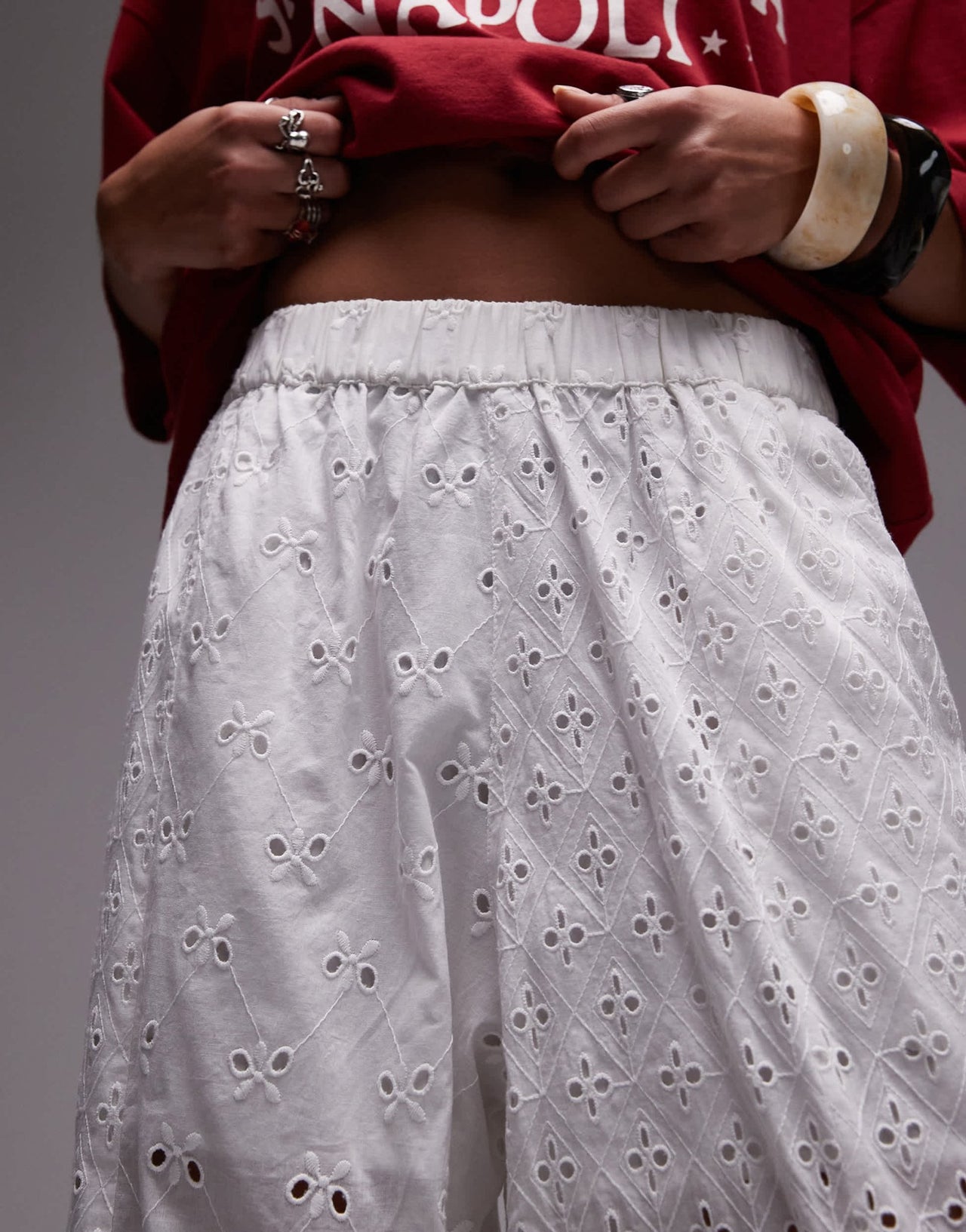 Topshop broderie straight leg trouser in white - ASOS Sample Sale
