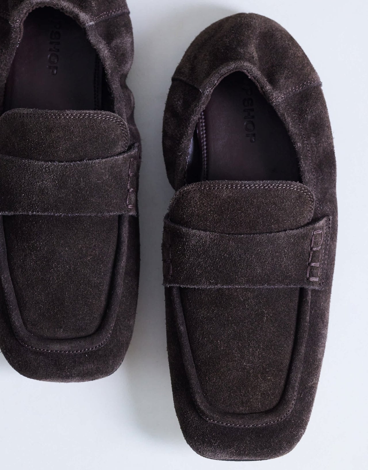 Topshop Brooks ruched back real suede leather loafer in chocolate - ASOS Sample Sale