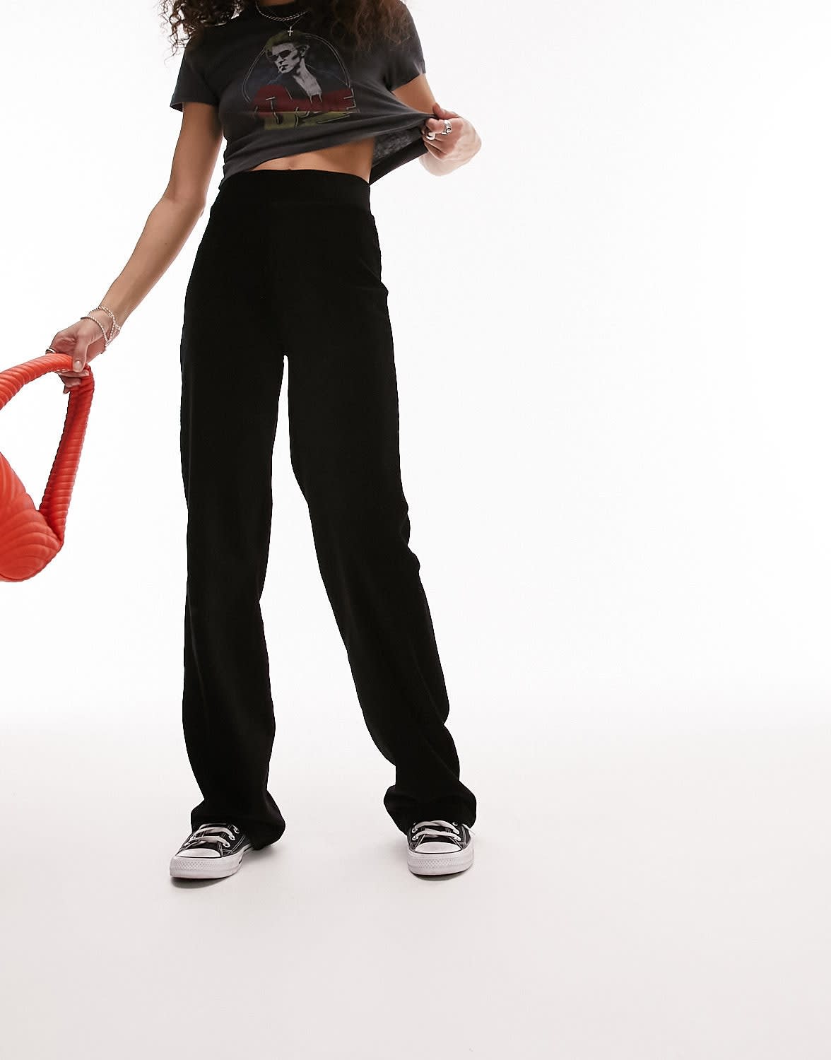 Topshop brushed rib straight leg trouser in black - ASOS Sample Sale