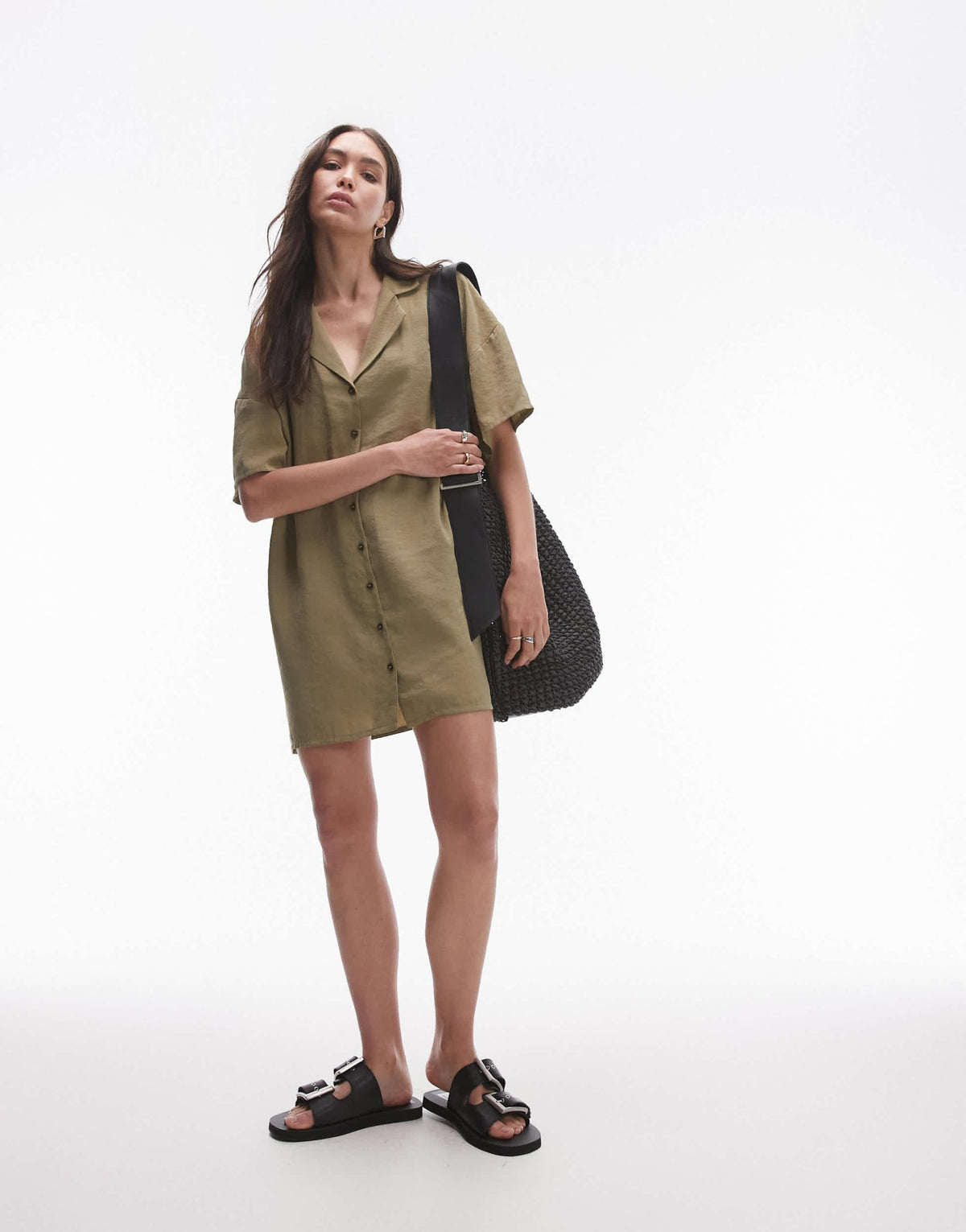 Topshop button down mini shirt dress in khaki - ASOS Sample Sale