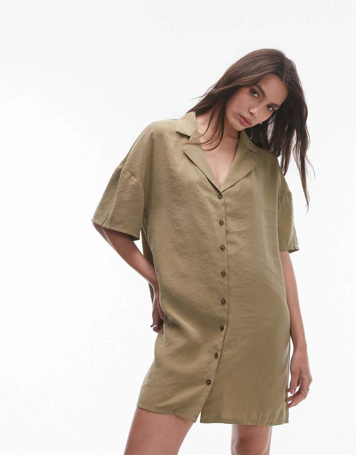 Topshop button down mini shirt dress in khaki - ASOS Sample Sale