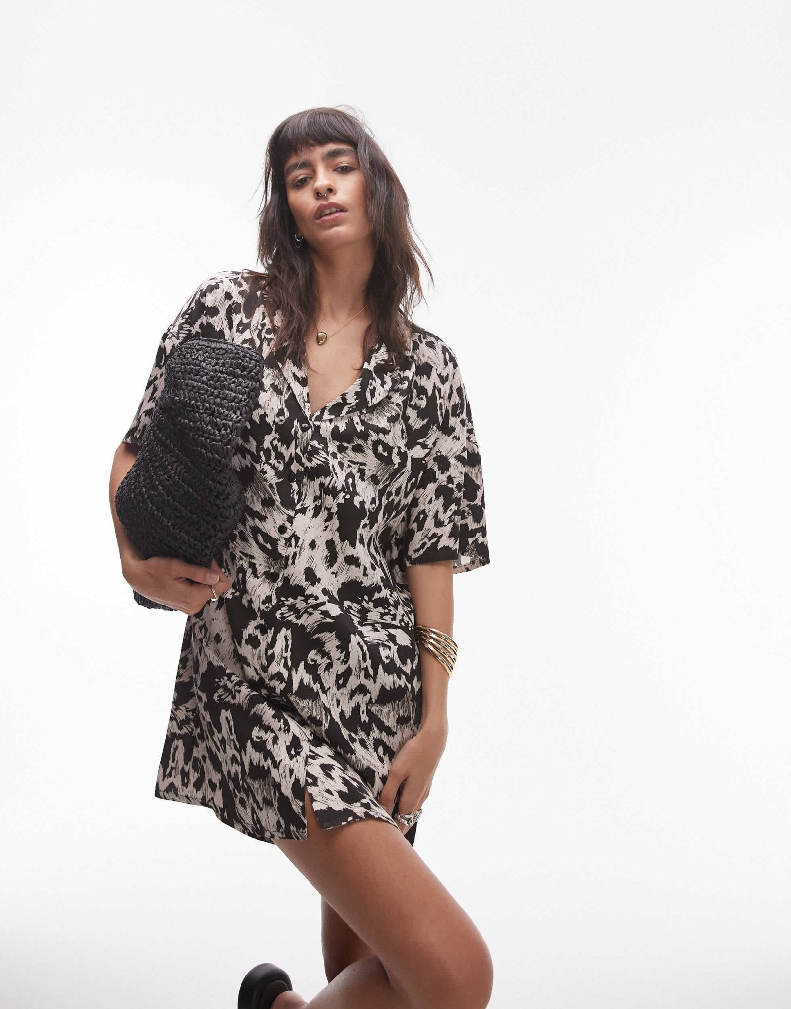 Topshop button down mini shirt dress in mono print - ASOS Sample Sale