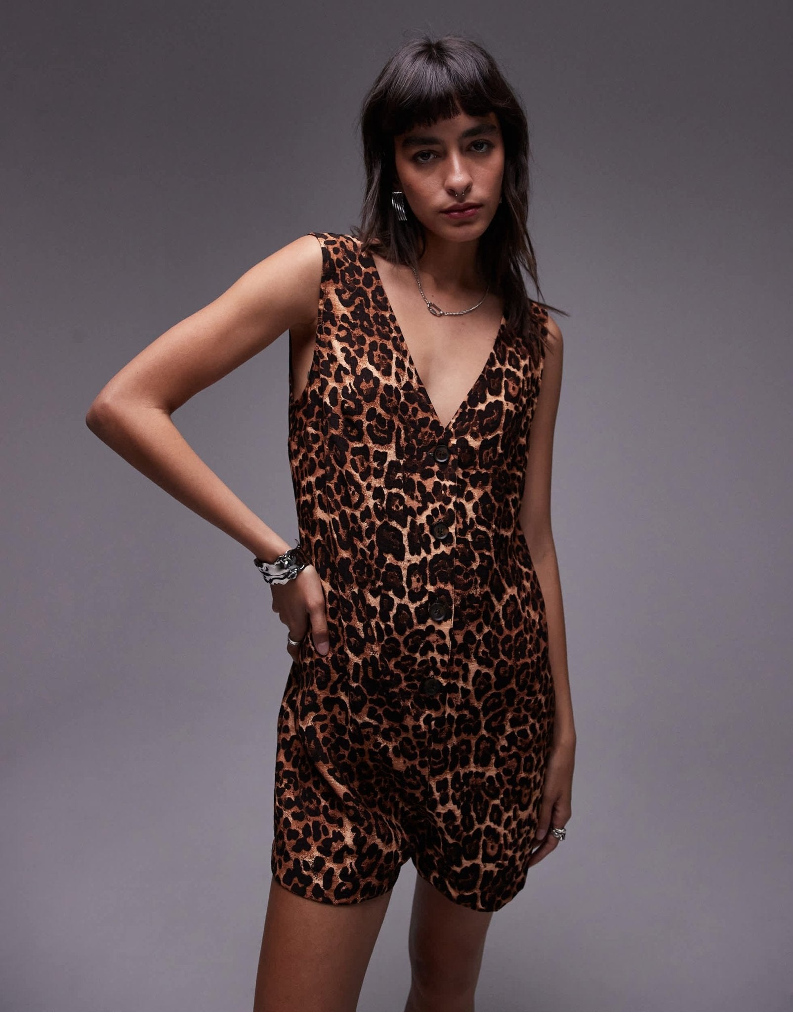 Topshop button down playsuit in leopard print - ASOS Sample Sale