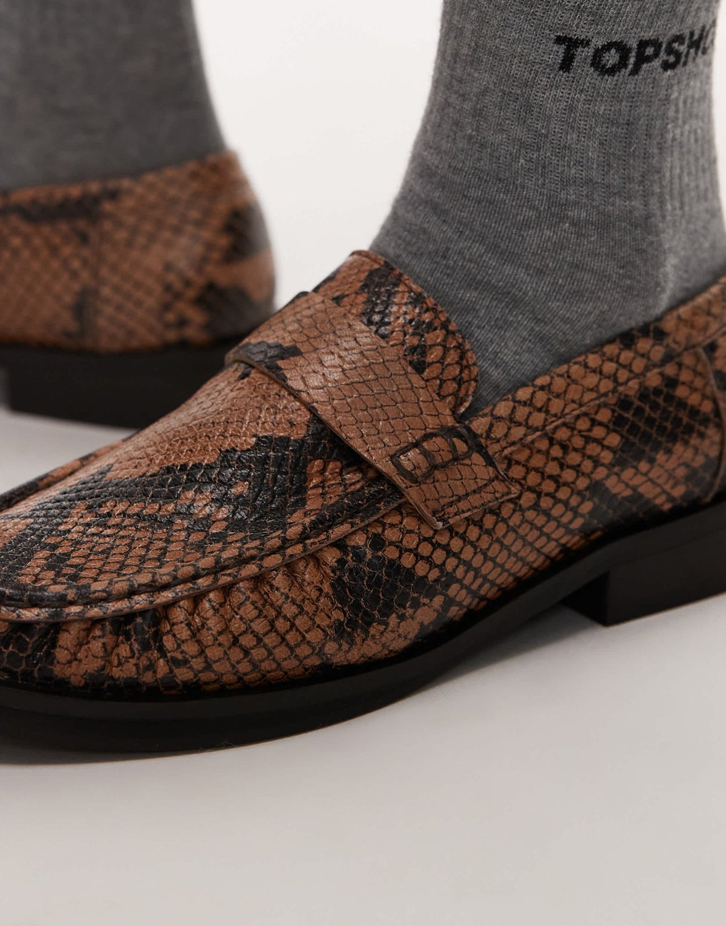 Topshop Carey real leather loafers with ruched detail in snake print - ASOS Sample Sale