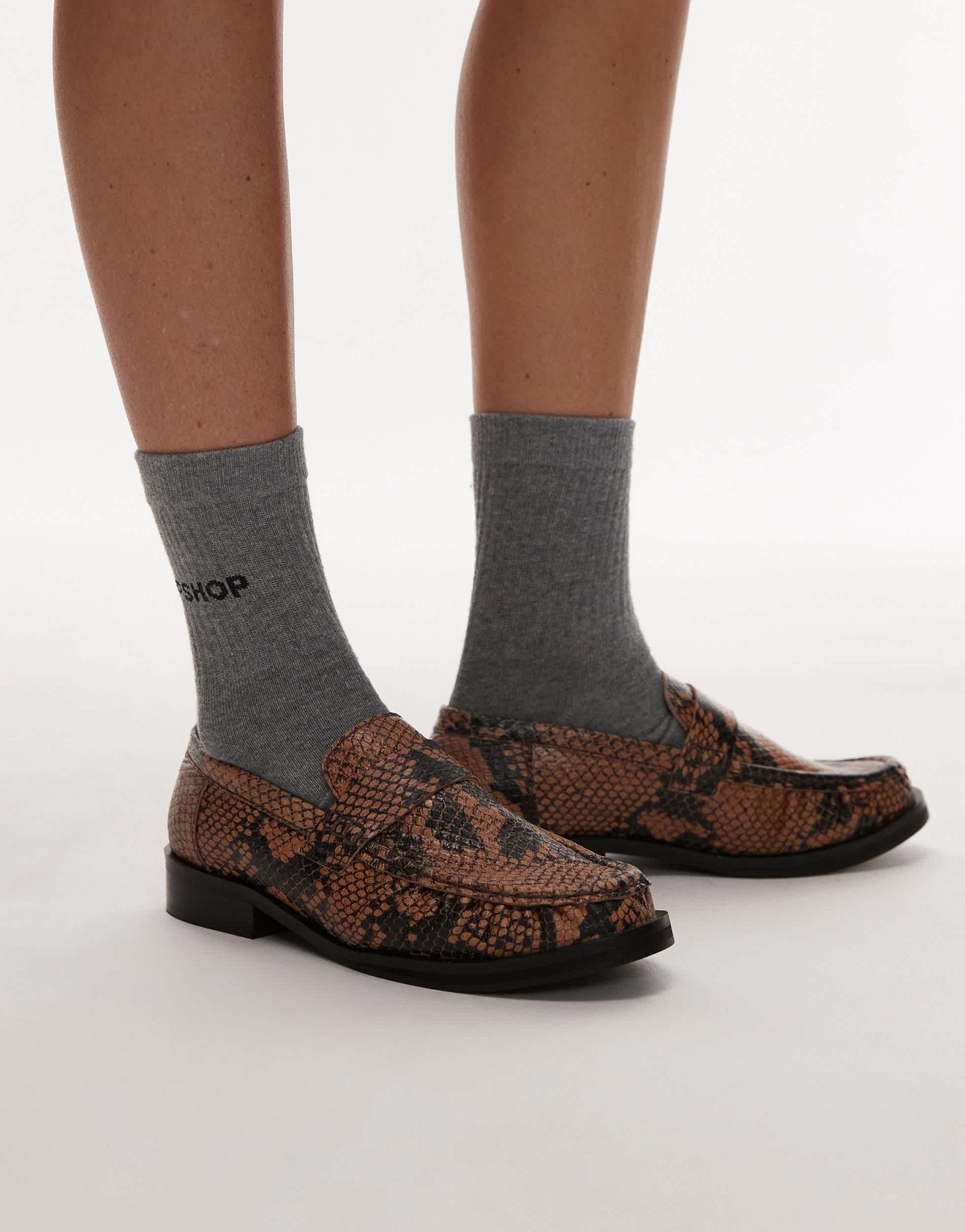 Topshop Carey real leather loafers with ruched detail in snake print - ASOS Sample Sale