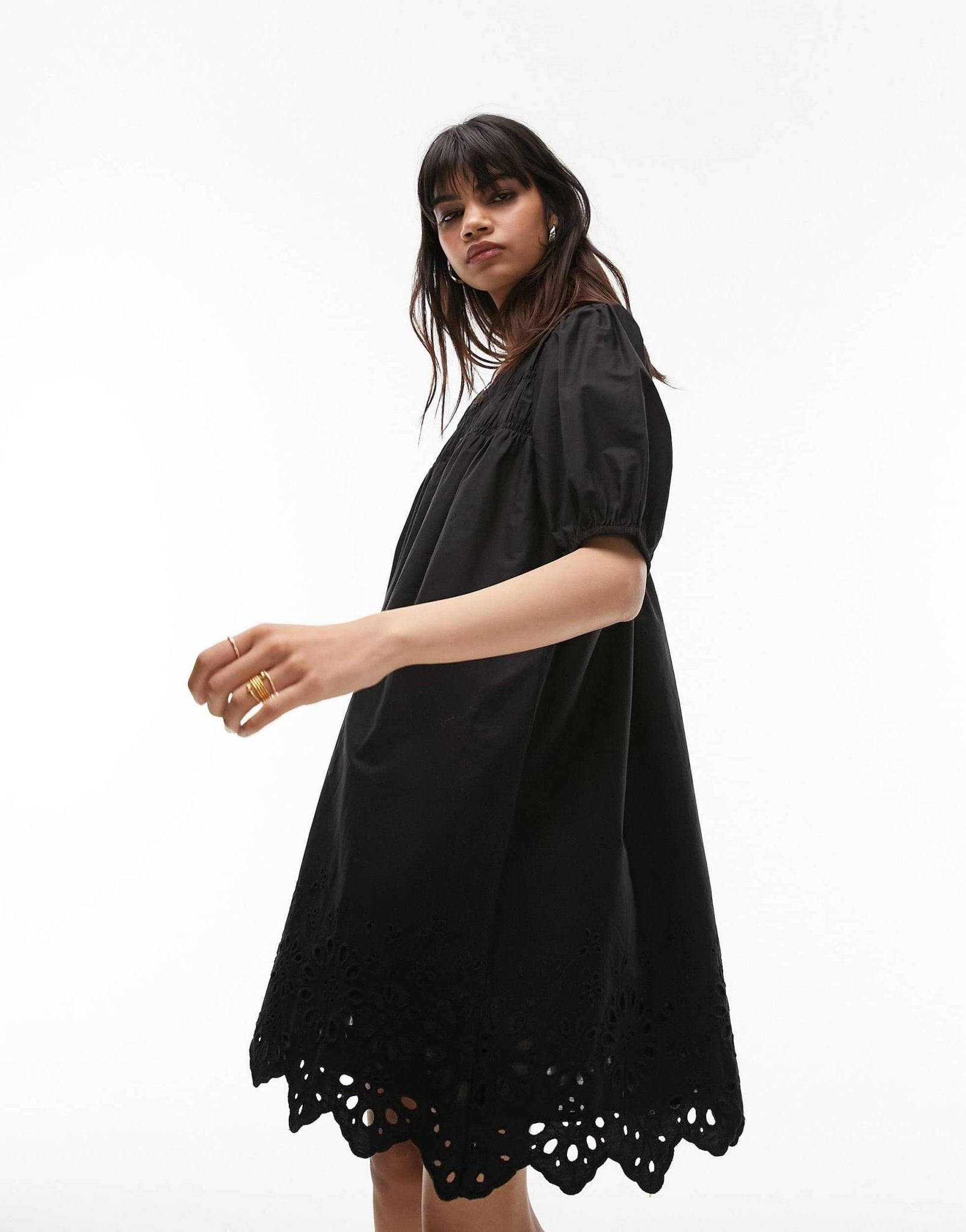 Topshop channelled mini oversized dress with broderie trim in black - ASOS Sample Sale