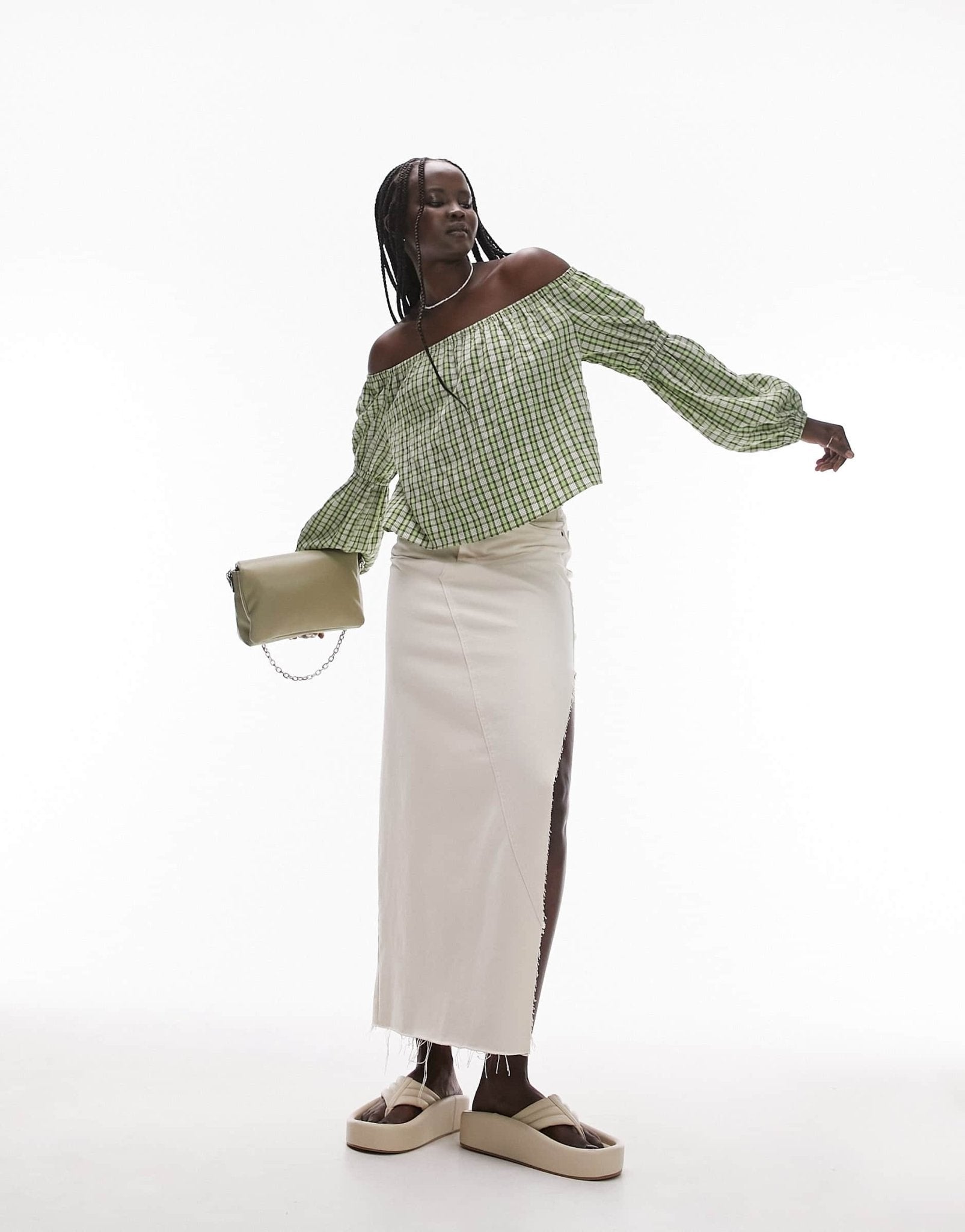 Topshop check bardot top in green - ASOS Sample Sale