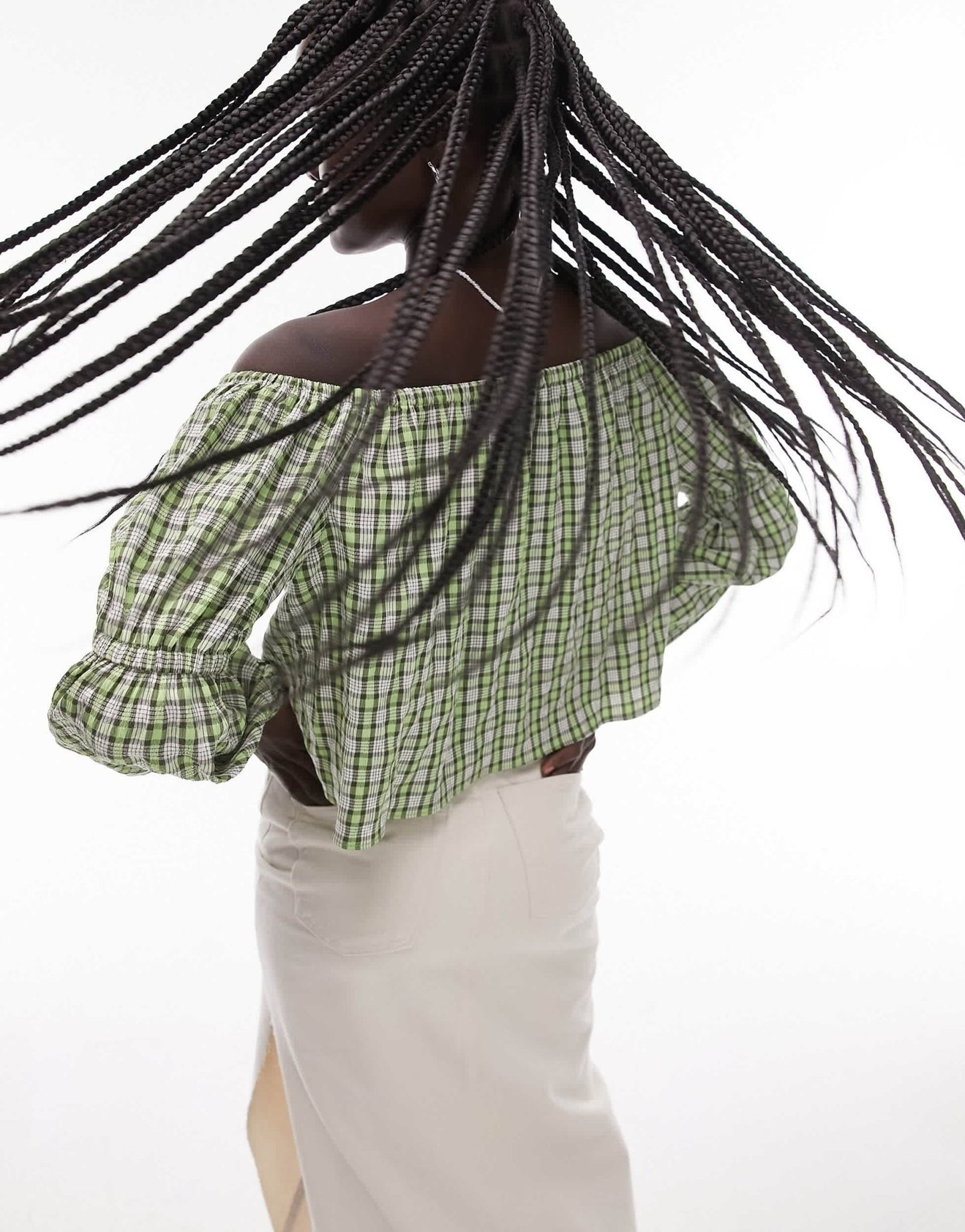 Topshop check bardot top in green - ASOS Sample Sale
