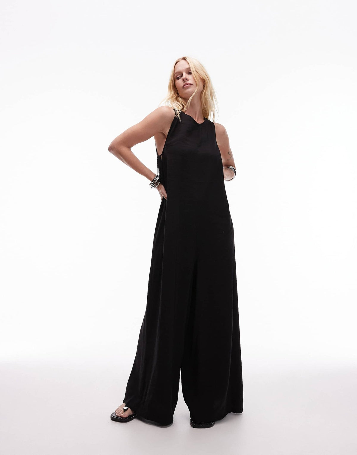 Topshop chuck on boxy jumpsuit in black cupro - ASOS Sample Sale