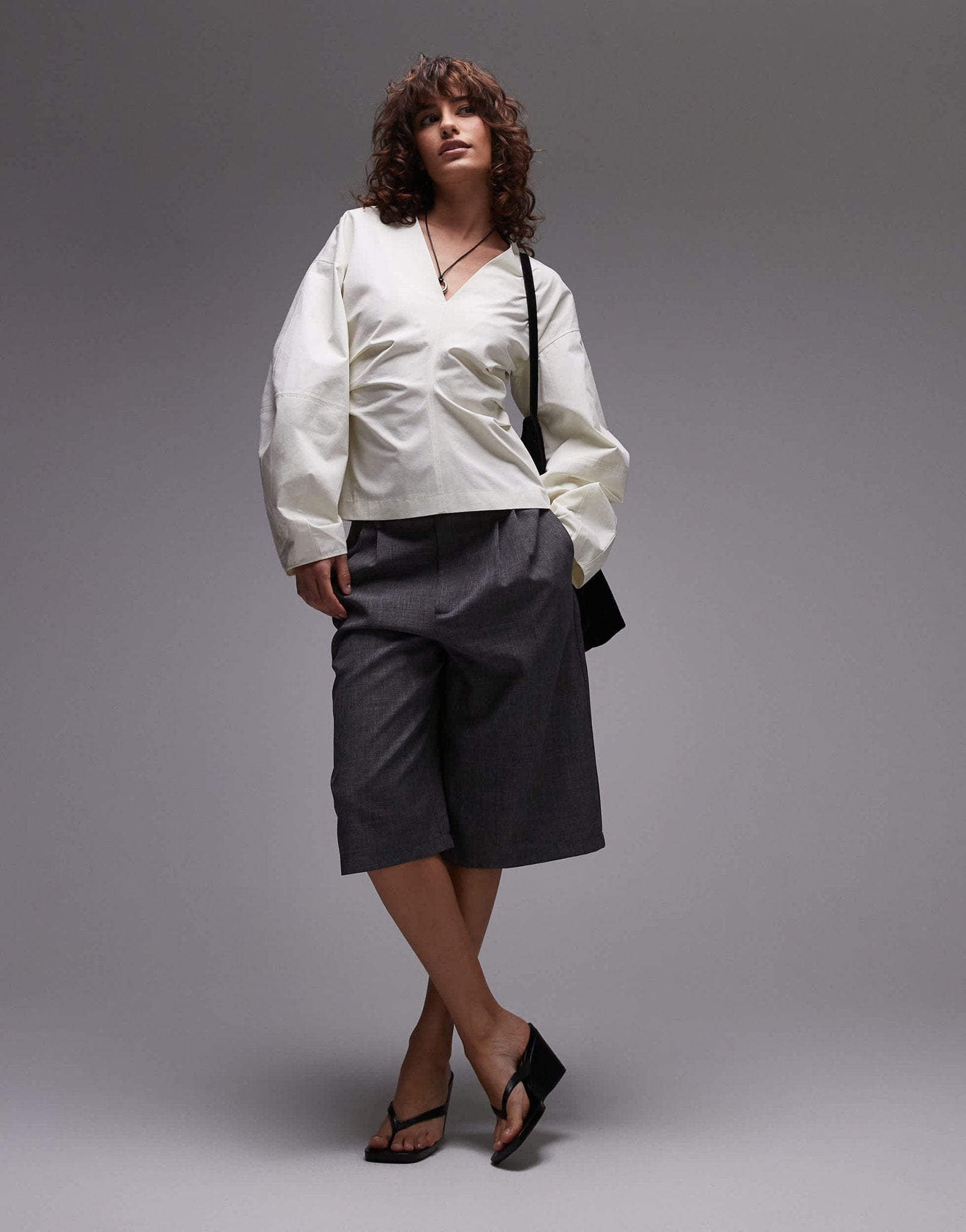Topshop cinch barrel sleeve top in ecru - ASOS Sample Sale
