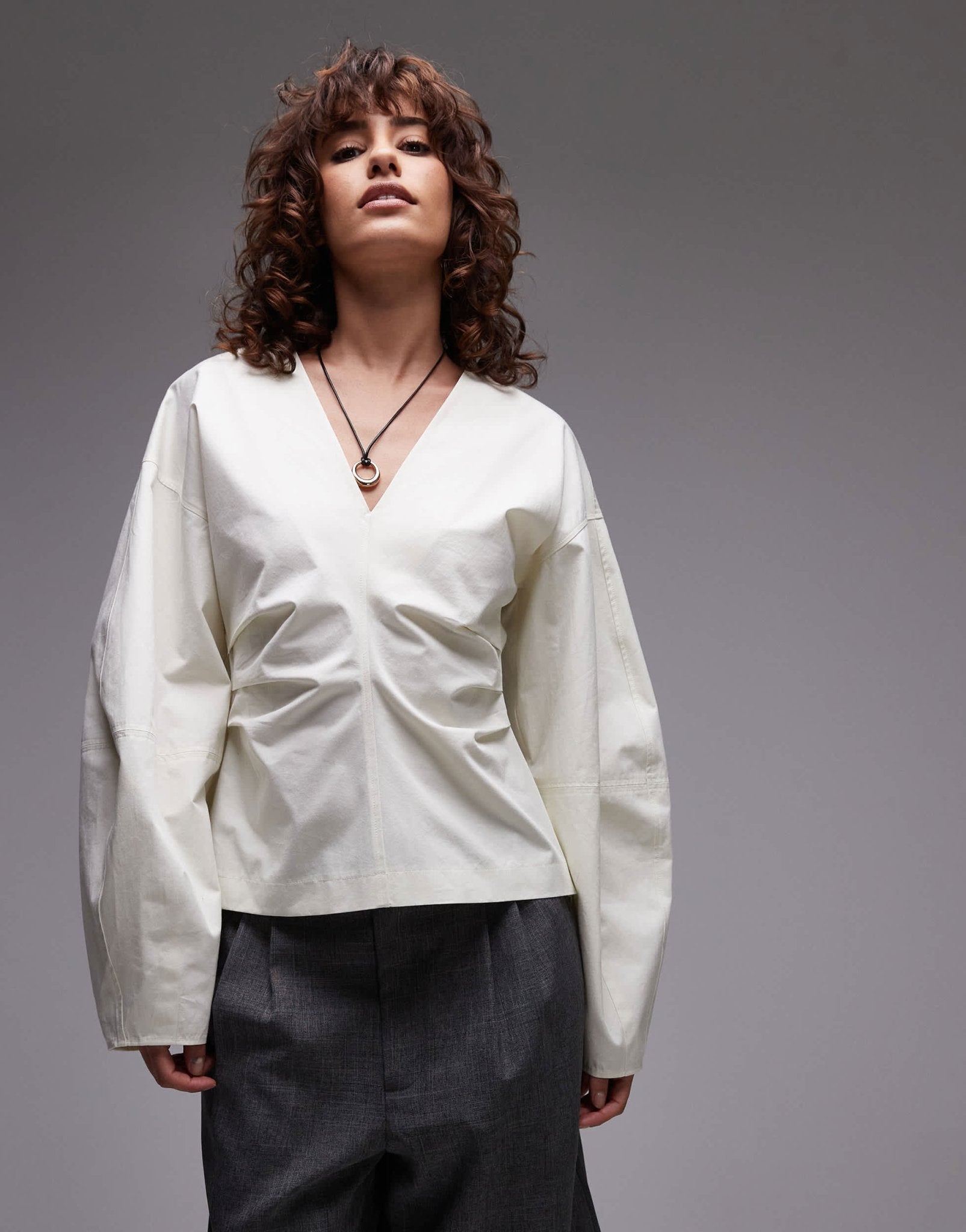 Topshop cinch barrel sleeve top in ecru - ASOS Sample Sale