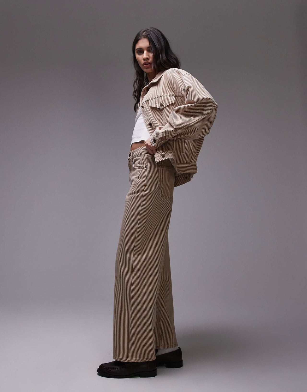 Topshop Cinch low rise relaxed jean in tan stripe - ASOS Sample Sale