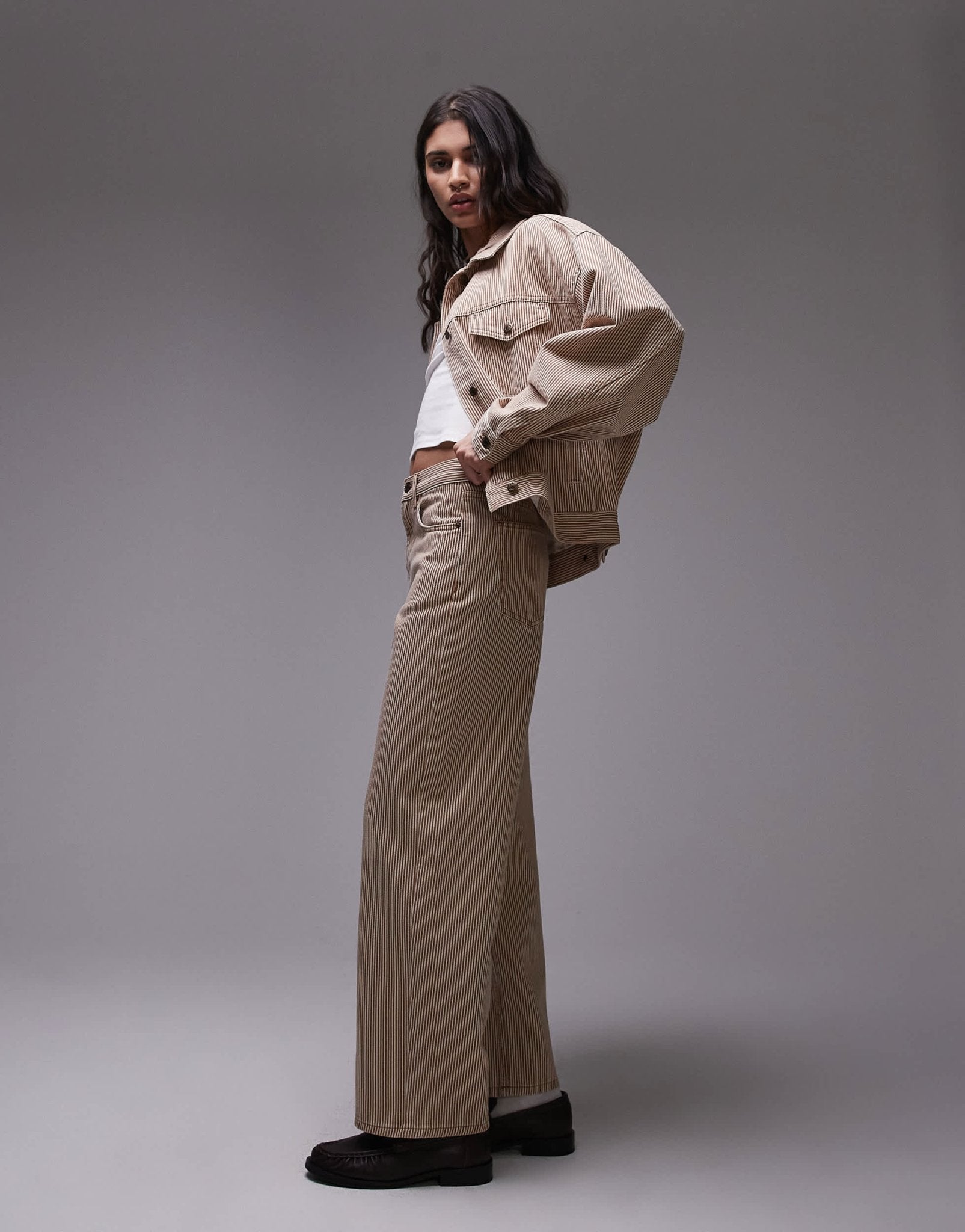 Topshop Cinch low rise relaxed jean in tan stripe - ASOS Sample Sale