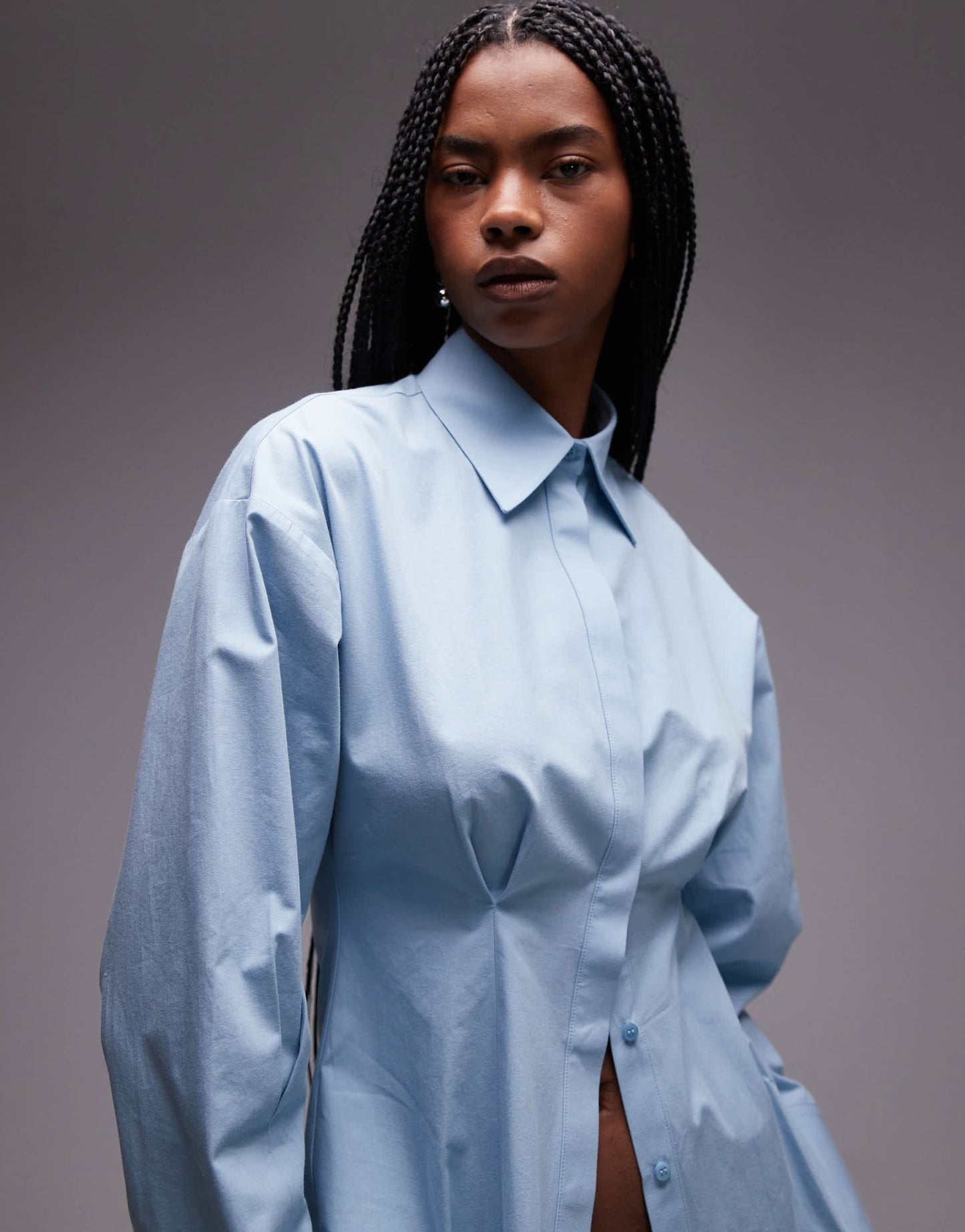Topshop cinch waisted poplin shirt in blue - ASOS Sample Sale