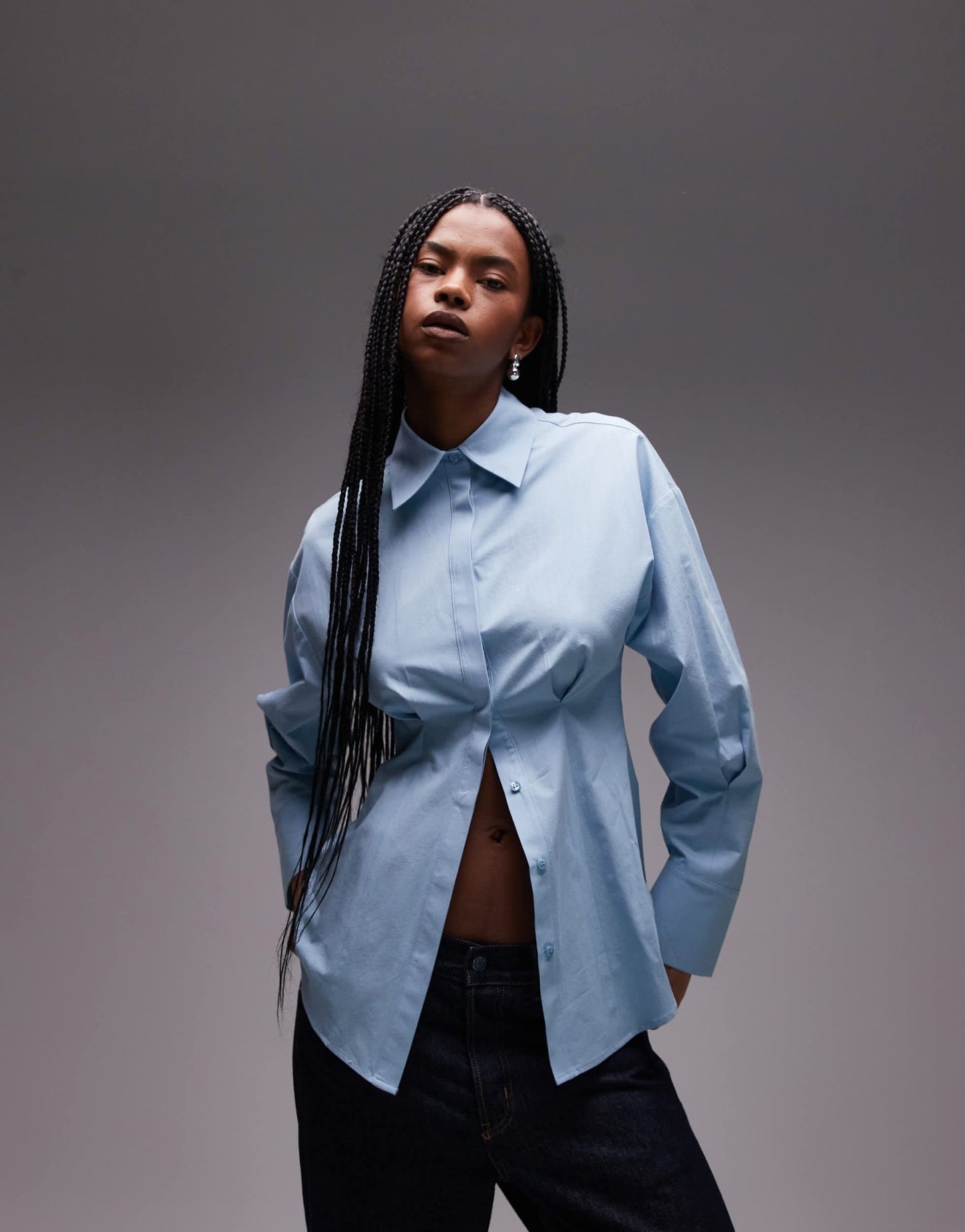 Topshop cinch waisted poplin shirt in blue - ASOS Sample Sale