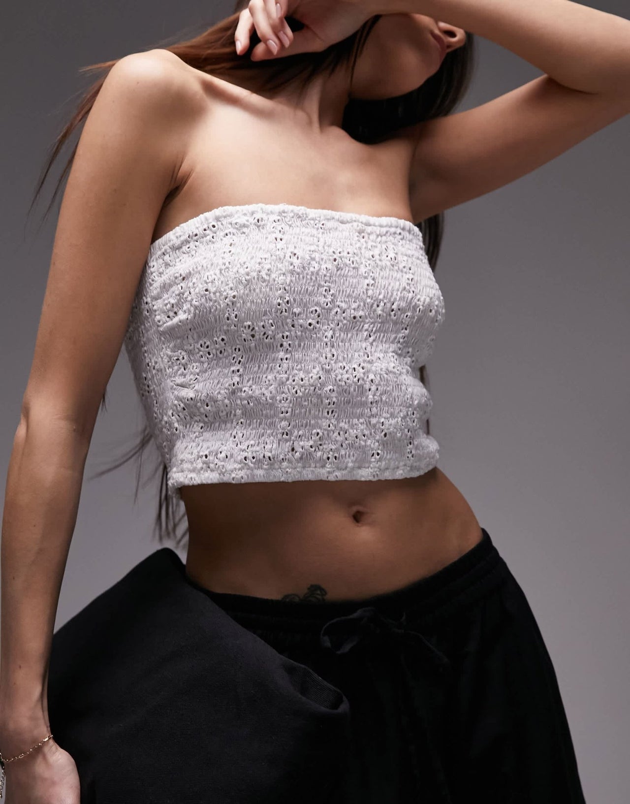 Topshop co - ord broderie shirred bandeau top in white - ASOS Sample Sale