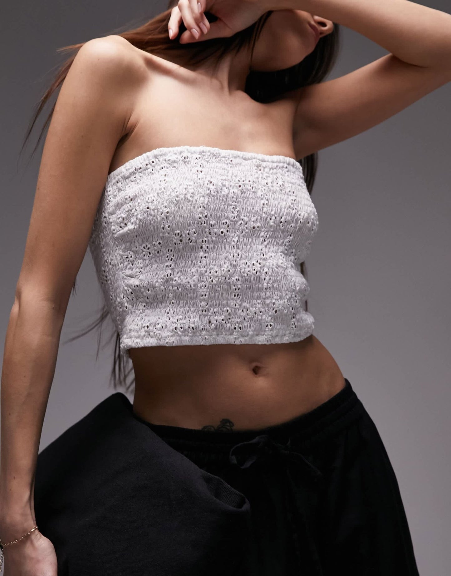 Topshop co - ord broderie shirred bandeau top in white - ASOS Sample Sale