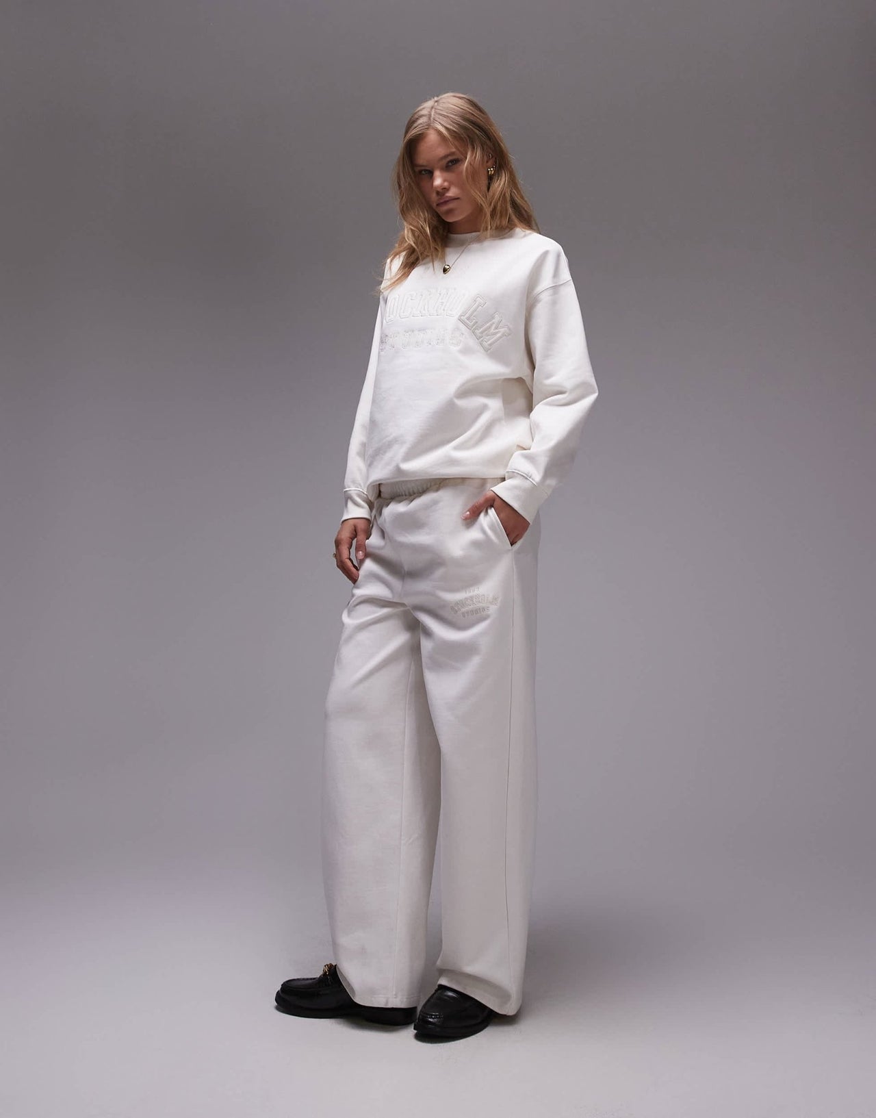 Topshop co - ord graphic Stockholm straight leg jogger in ecru - ASOS Sample Sale