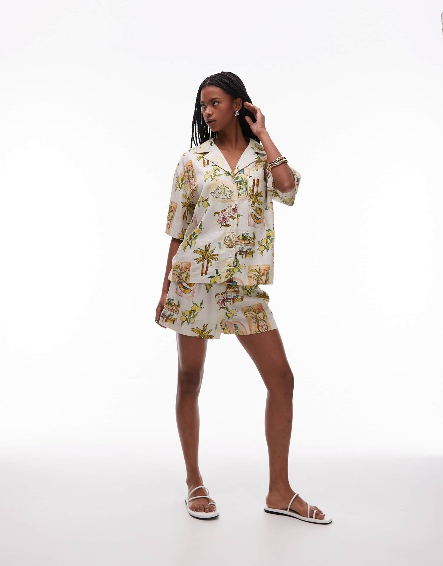 Topshop co ord high rise drawcord linen shorts in multi print - ASOS Sample Sale