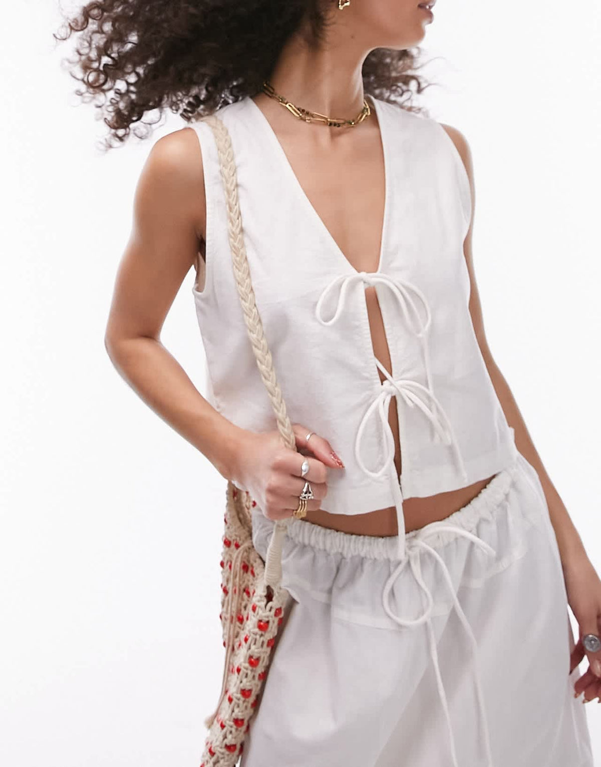 Topshop co - ord linen blend beach tie front top in white - ASOS Sample Sale