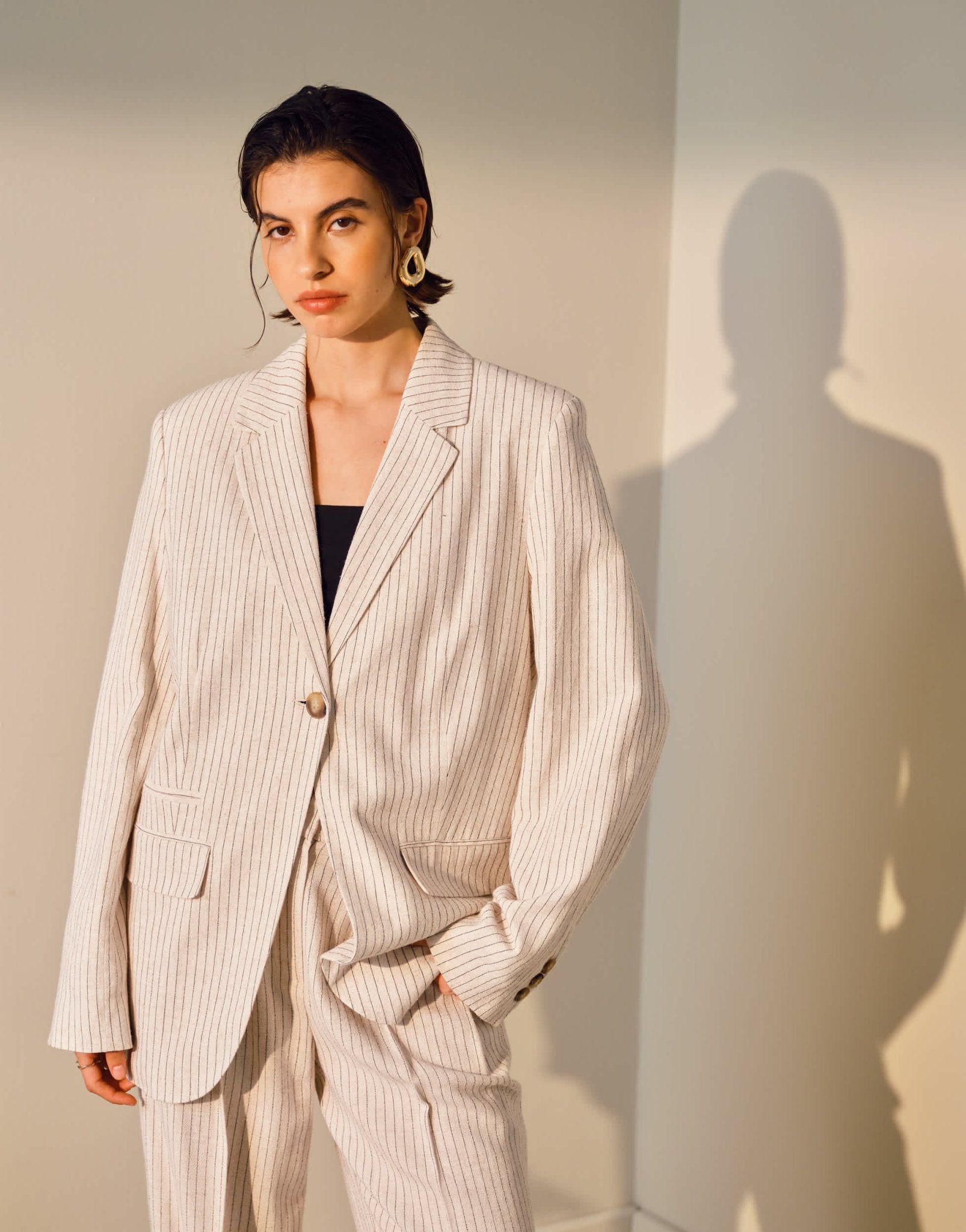 Topshop co ord linen one button blazer in cream pinstripe - ASOS Sample Sale