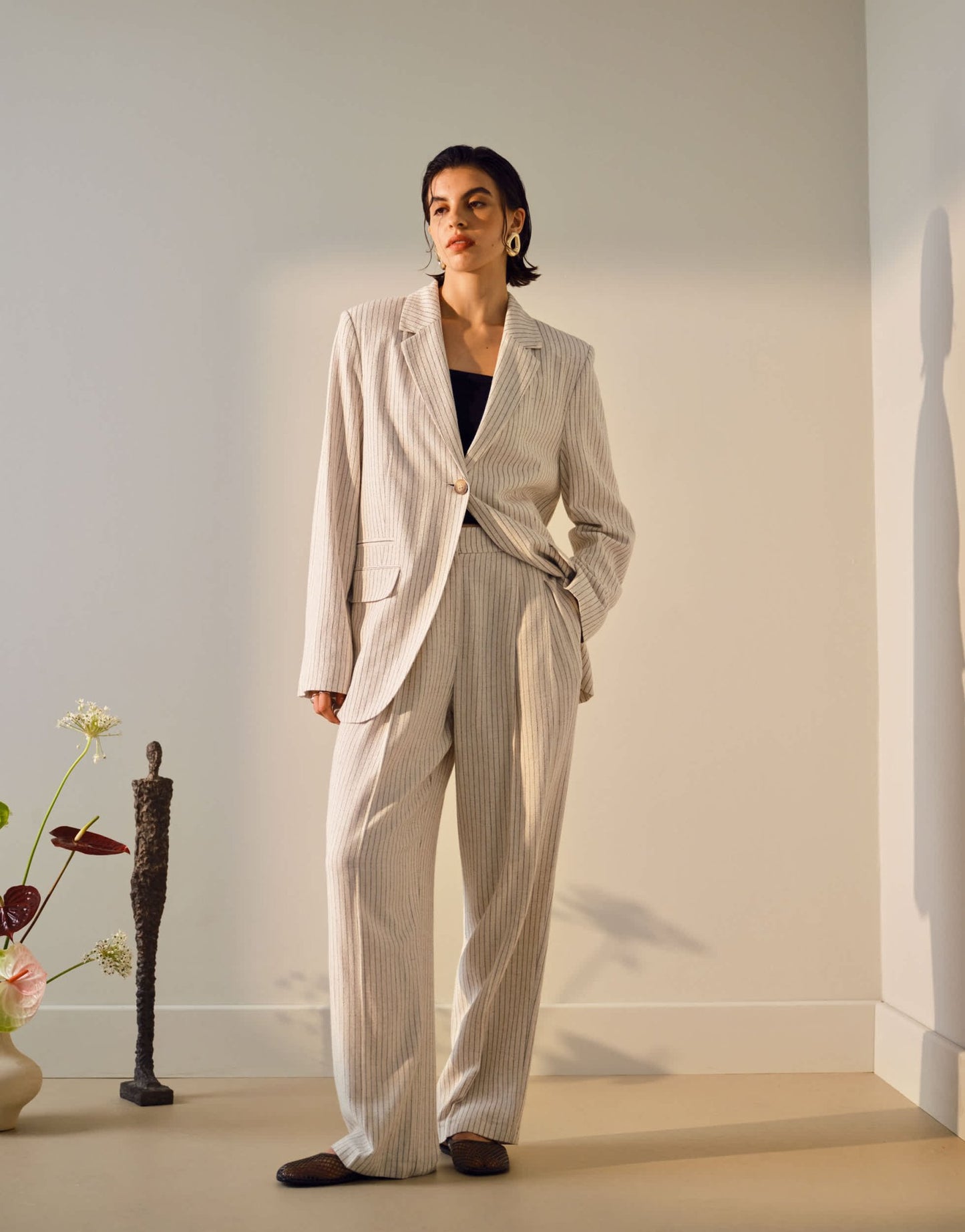 Topshop co ord linen one button blazer in cream pinstripe - ASOS Sample Sale